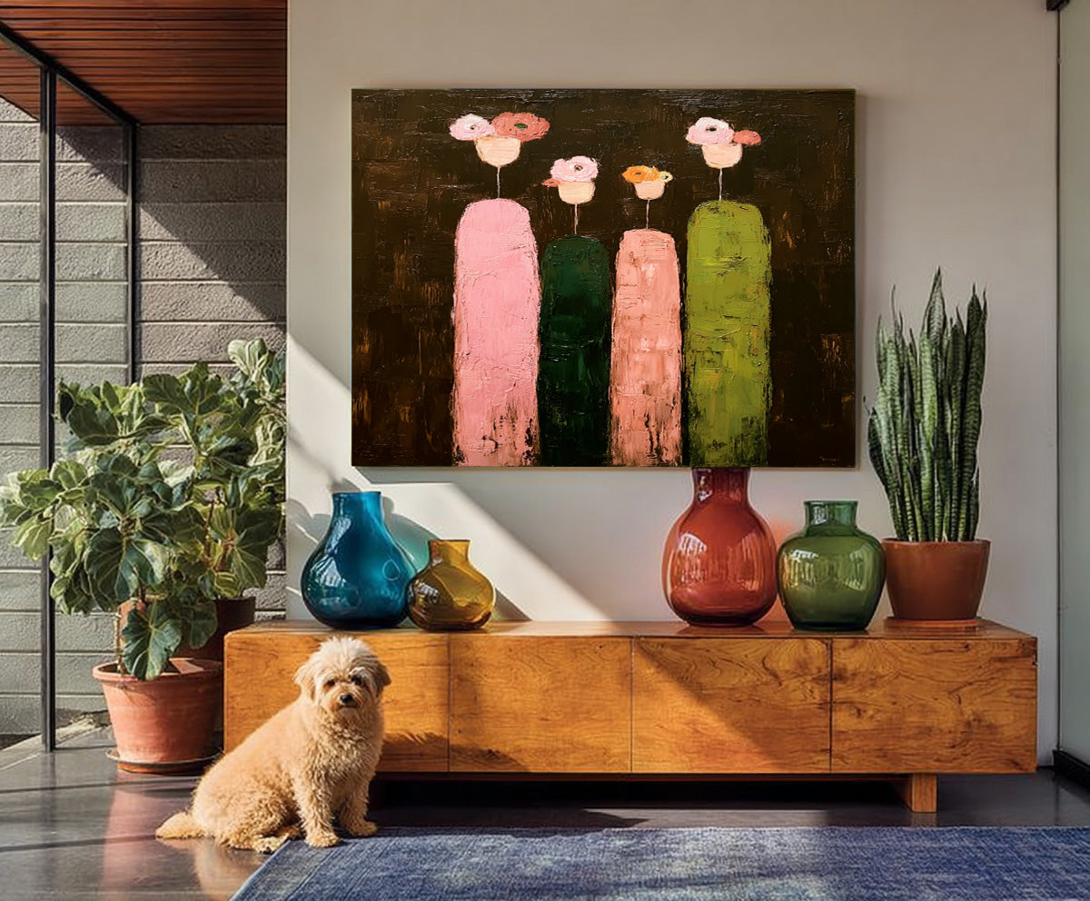 Original Family Abstract Oil Painting Wall Art Modern Colorful Floral On Dark Background Large People Artwork