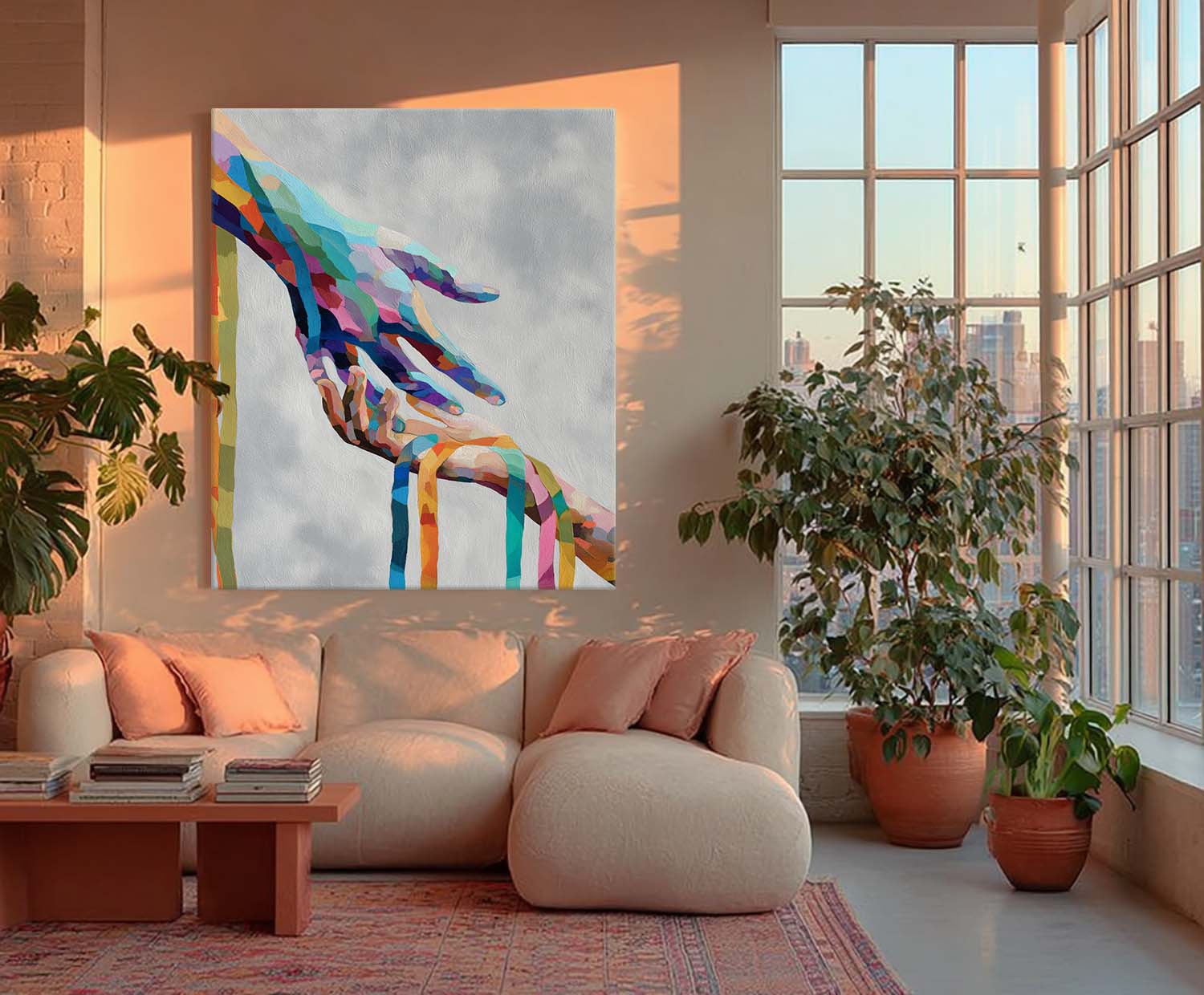 Vibrant Abstract Color Hands Connecting Art Modern Geometric Wall Decor Minimalist Unique Love & Unity Home Art