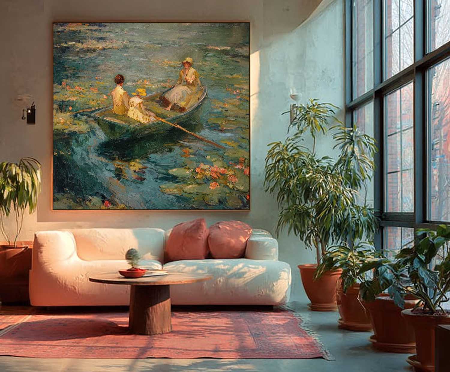 Impressionist Row Boat Water Lilies Art Serene Lake Vintage Cottagecore Painting Relaxing Idyllic Home Ambiance