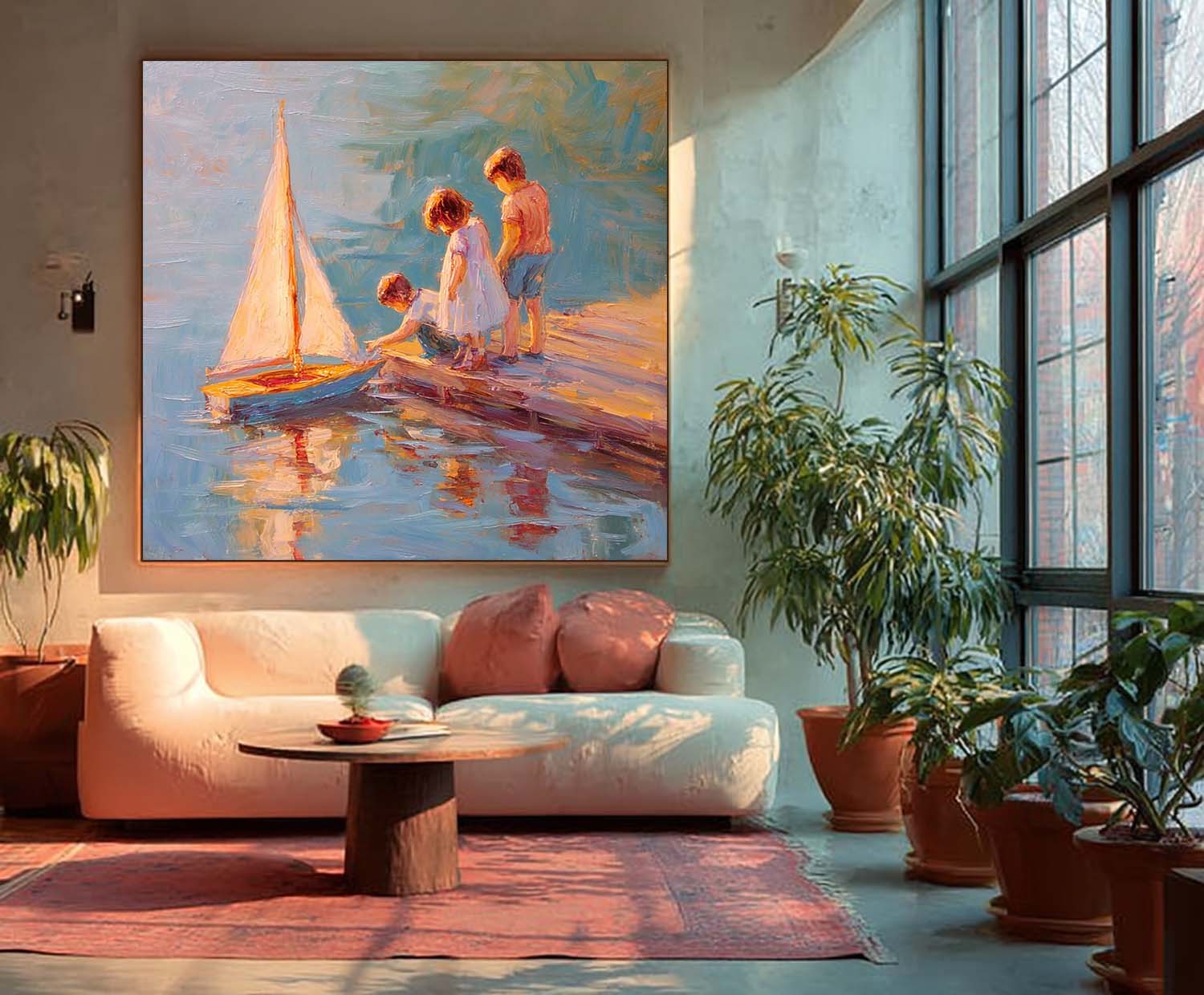 Vintage Childhood Sailboat Art Children By Lake Dock Oil Painting  Warm Toned Wall Decor For Living Room
