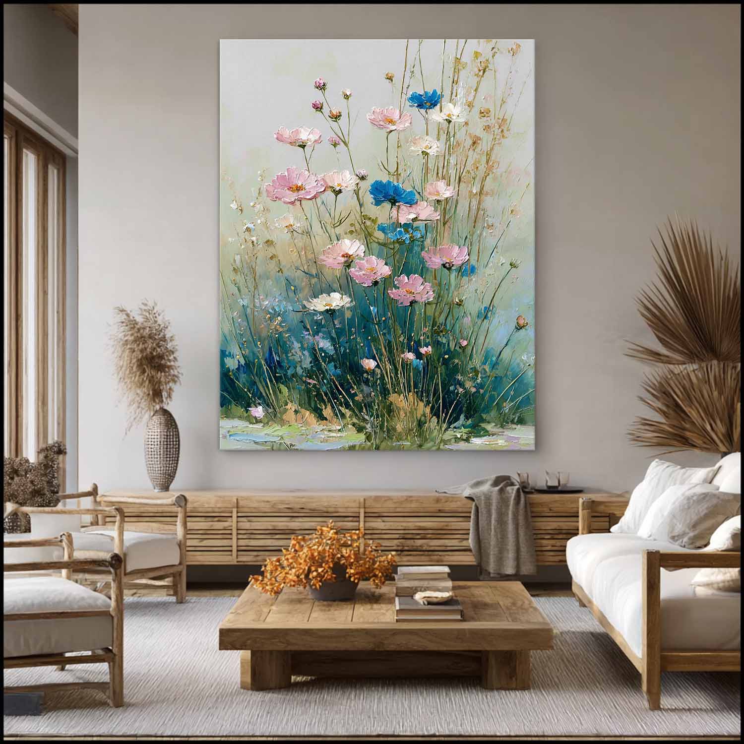 Large Bohemian Floral Oil Painting Canvas Colorful Wildflower Wall Art Vintage Style Decorative Art 