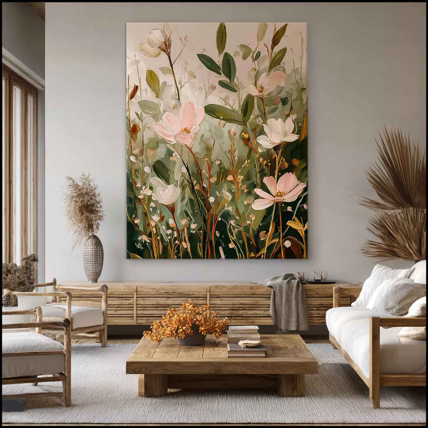 Soft Botanical Floral Oil Painting Sage Green & Blush Pink Wall Art Large Modern Wildflower Floral Wall Decor