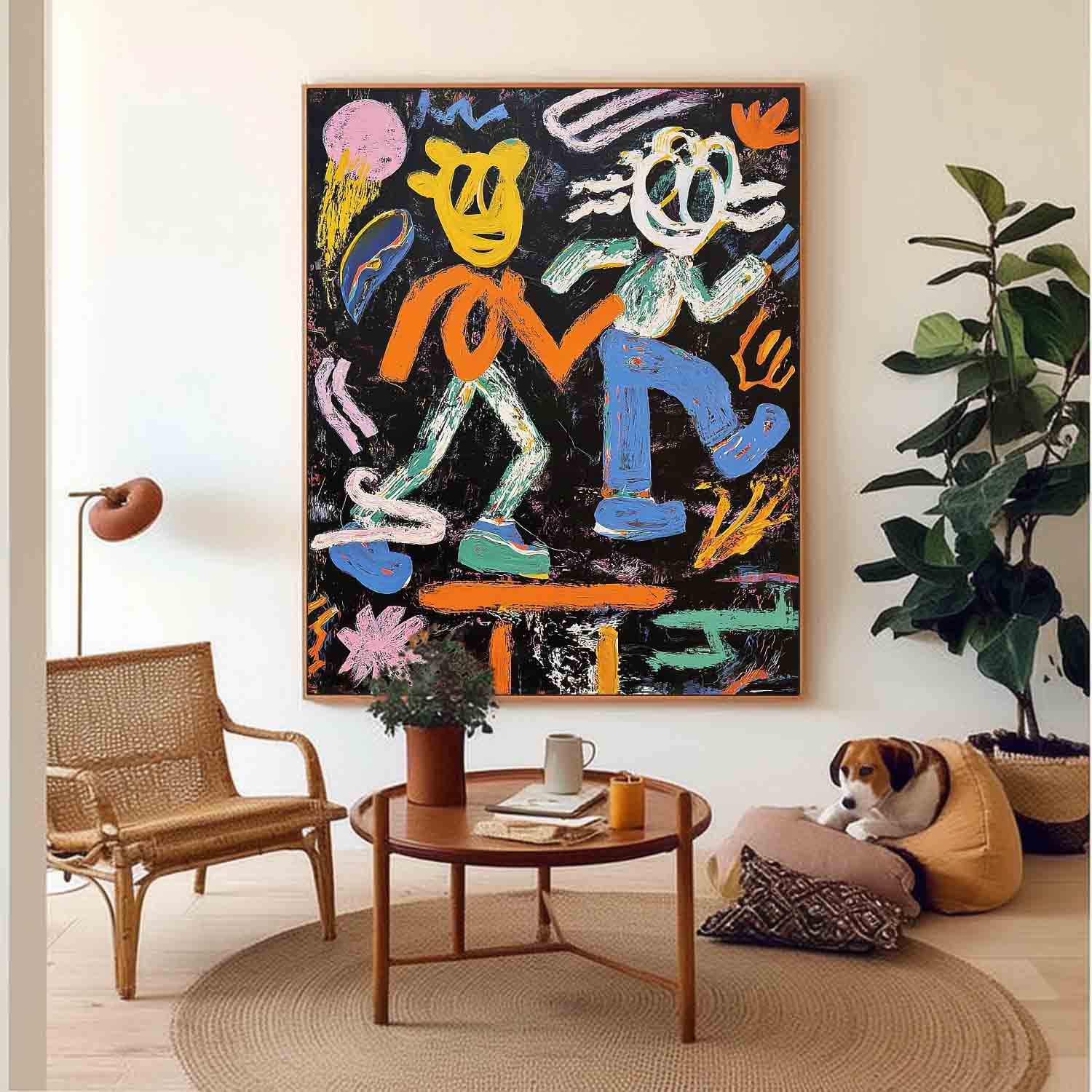 Whimsical Pop Art Colorful Doodle Impasto Oil Painting Vibrant Sun & Flower Abstract Playful Texture Artwork