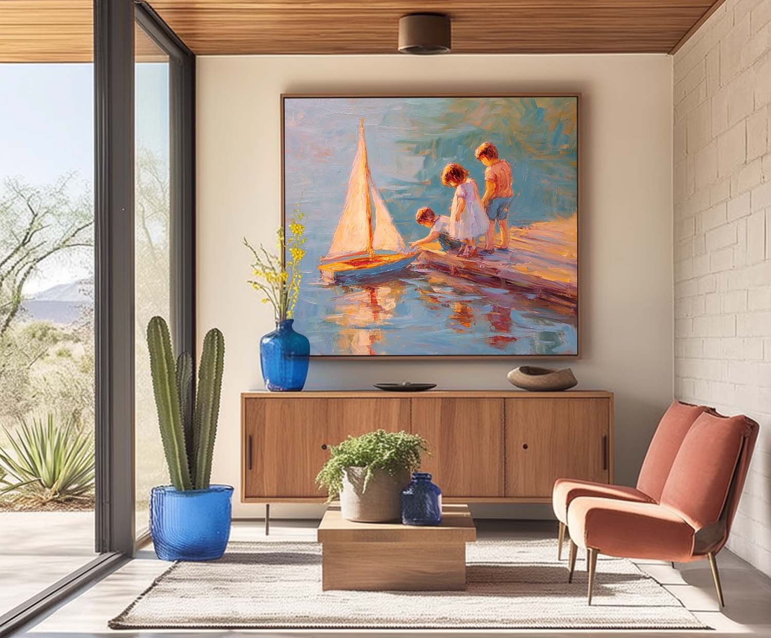 Vintage Childhood Sailboat Art Children By Lake Dock Oil Painting  Warm Toned Wall Decor For Living Room