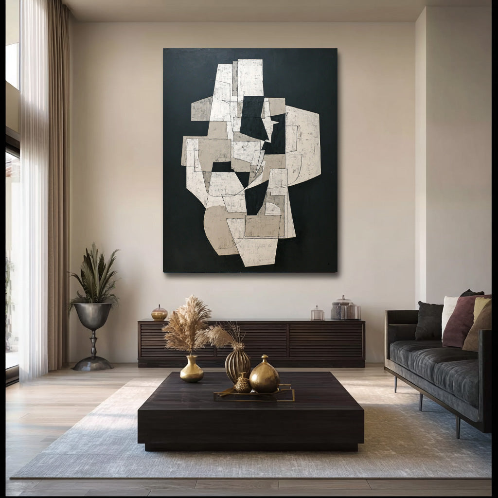 Abstract Geometric Wall Art Modern Black White Painting Contemporary Minimalist Decor Unique Canvas Art