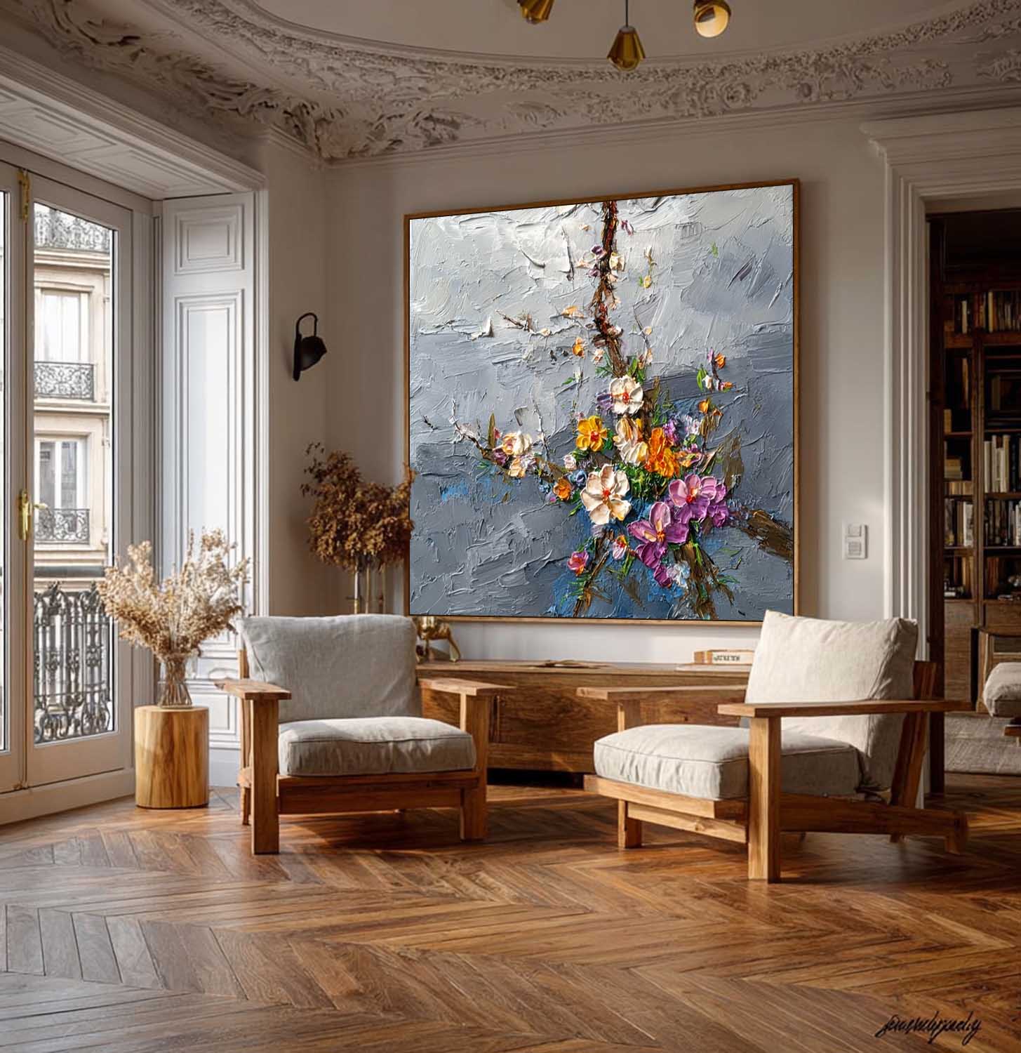 Thick Impasto Abstract Floral Oil Painting Modern Flower Wall Art Handmade Colorful Flower Canvas Home Decor