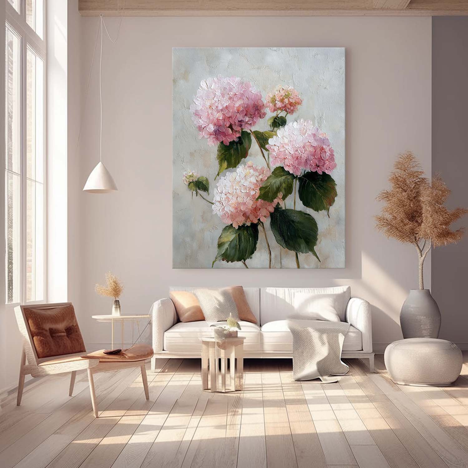Large Hydrangea Flower Abstract Painting Canvas Original Artwork Texture Pink Plant Wall Art For Living Room
