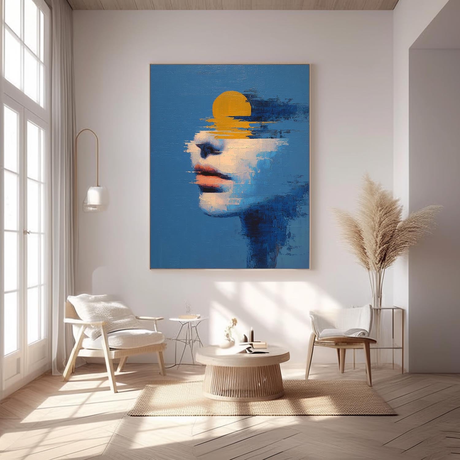 Abstract Sun-Portrait Fusion Art Painting Modern Blue Tone Contemporary Artwork With Striking Visual Depth