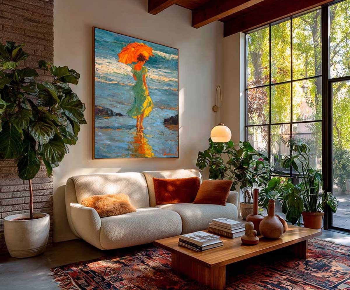 Original Impressionist Painting Lady In Green Dress With Orange Parasol Strolling Seashore Unique Art