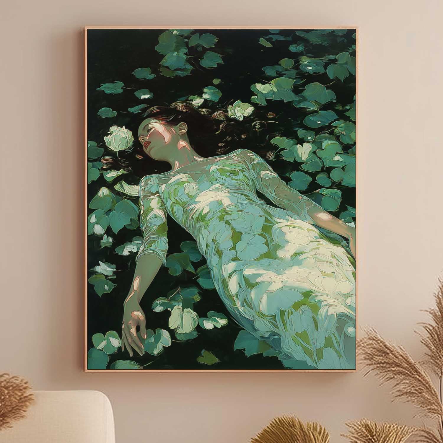 Serene Greenery & Flower Woman Painting Minimalist Wall Art For Modern Home Decor Handmade Canvas Art Online