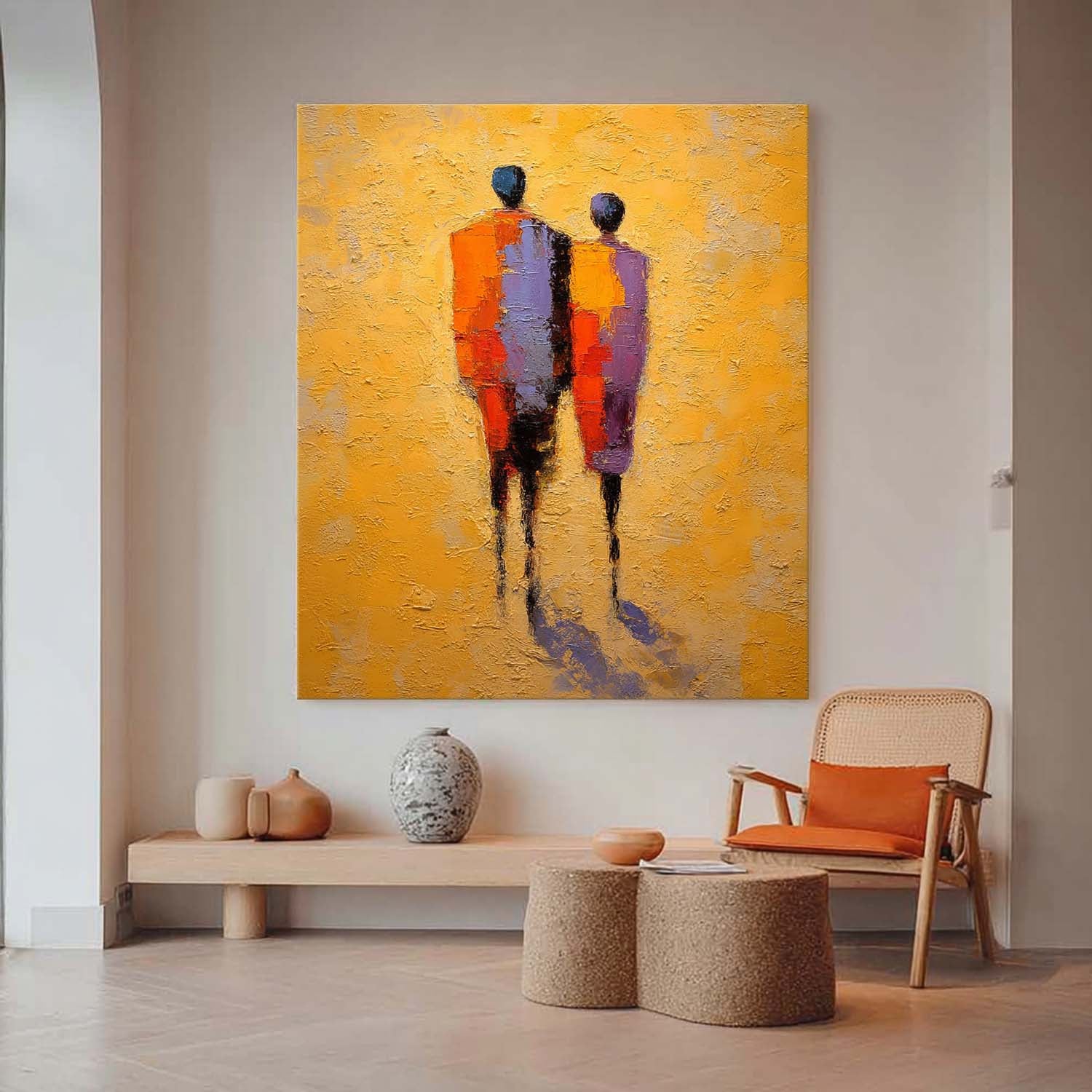 Abstract Oil Painting Couple Figure With Yellow Background Modern Wall Art Home Decor Original Handmade Artwork