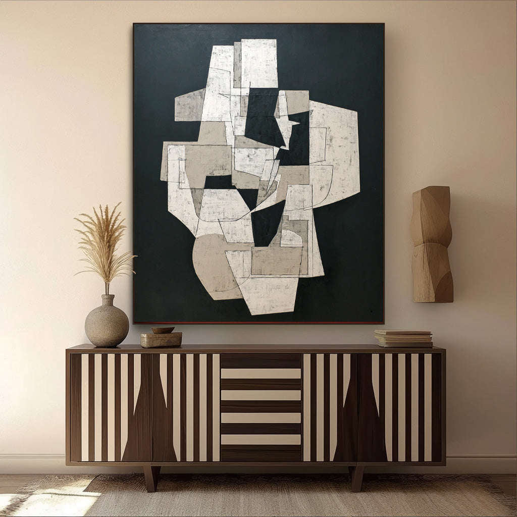 Abstract Geometric Wall Art Modern Black White Painting Contemporary Minimalist Decor Unique Canvas Art