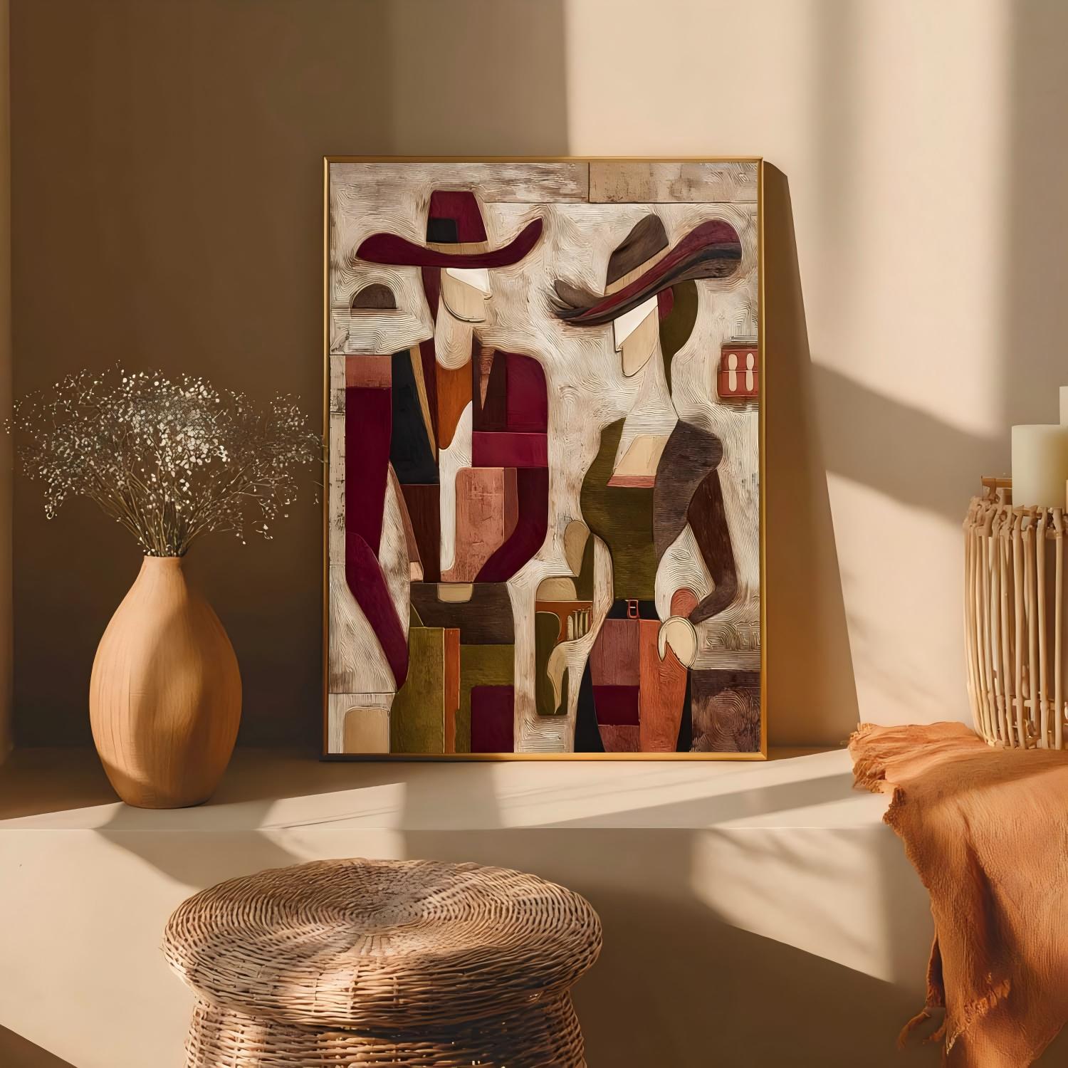 Abstract Cowboy Couple Painting Wall Art Vintage Style Retro Tonal Geometric Figures Textured Modern Home Decor