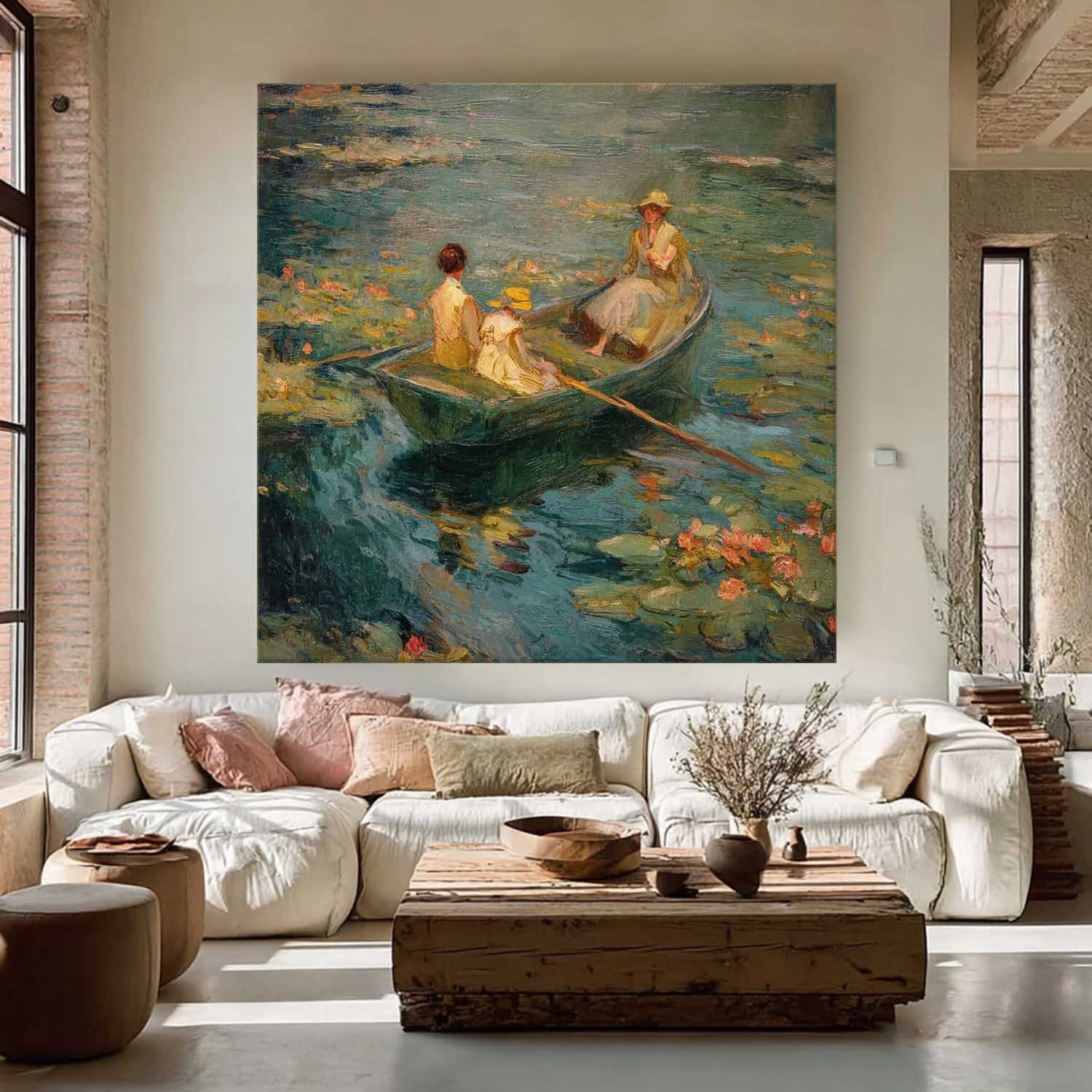 Impressionist Row Boat Water Lilies Art Serene Lake Vintage Cottagecore Painting Relaxing Idyllic Home Ambiance