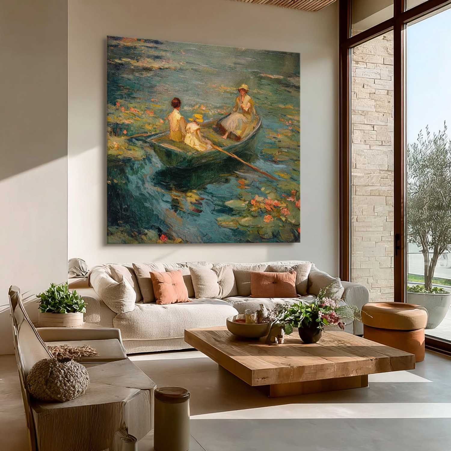 Impressionist Row Boat Water Lilies Art Serene Lake Vintage Cottagecore Painting Relaxing Idyllic Home Ambiance