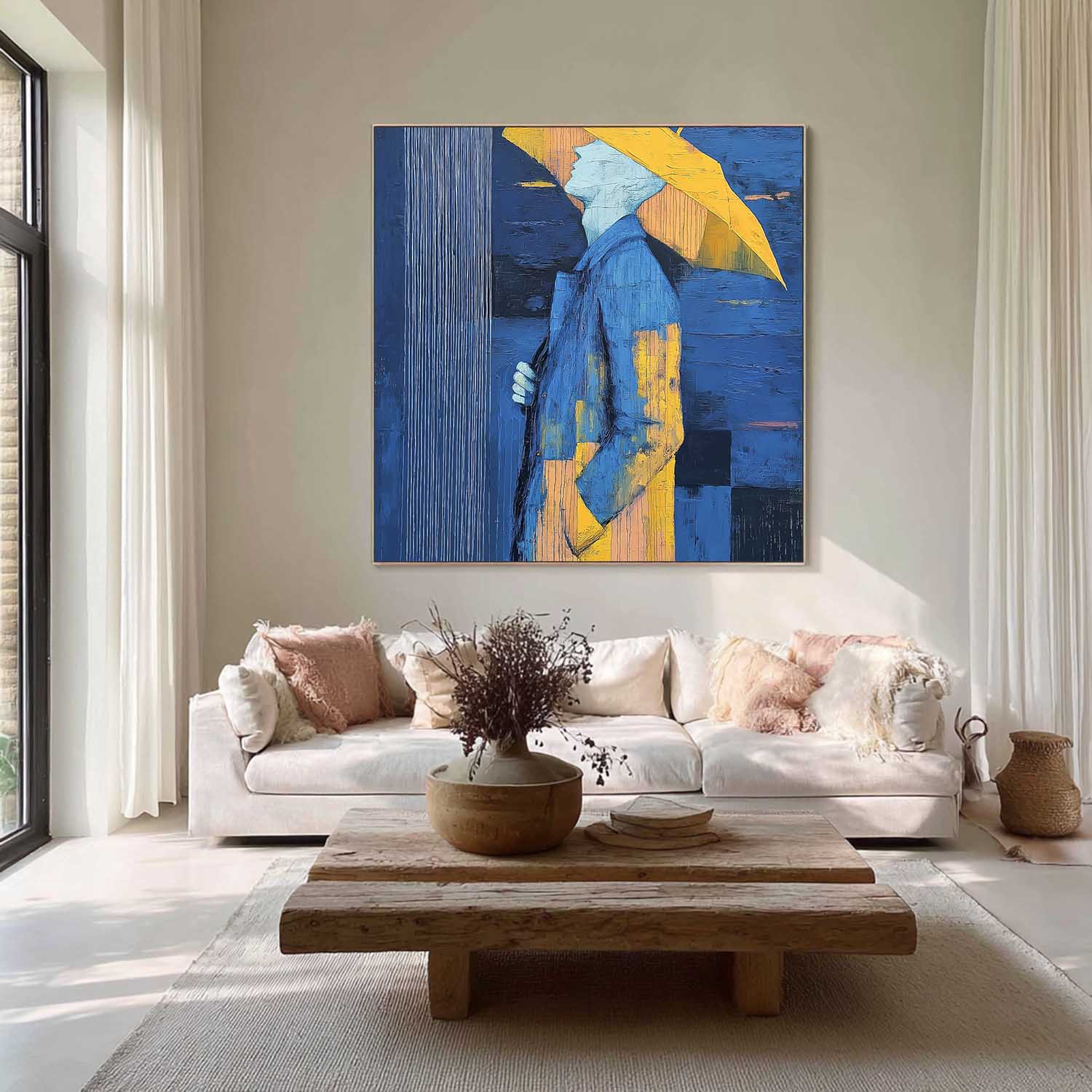 Blue Yellow Umbrella Modern Abstract Oil Painting Original Wall Art For Living Room Decor Handmade Canvas