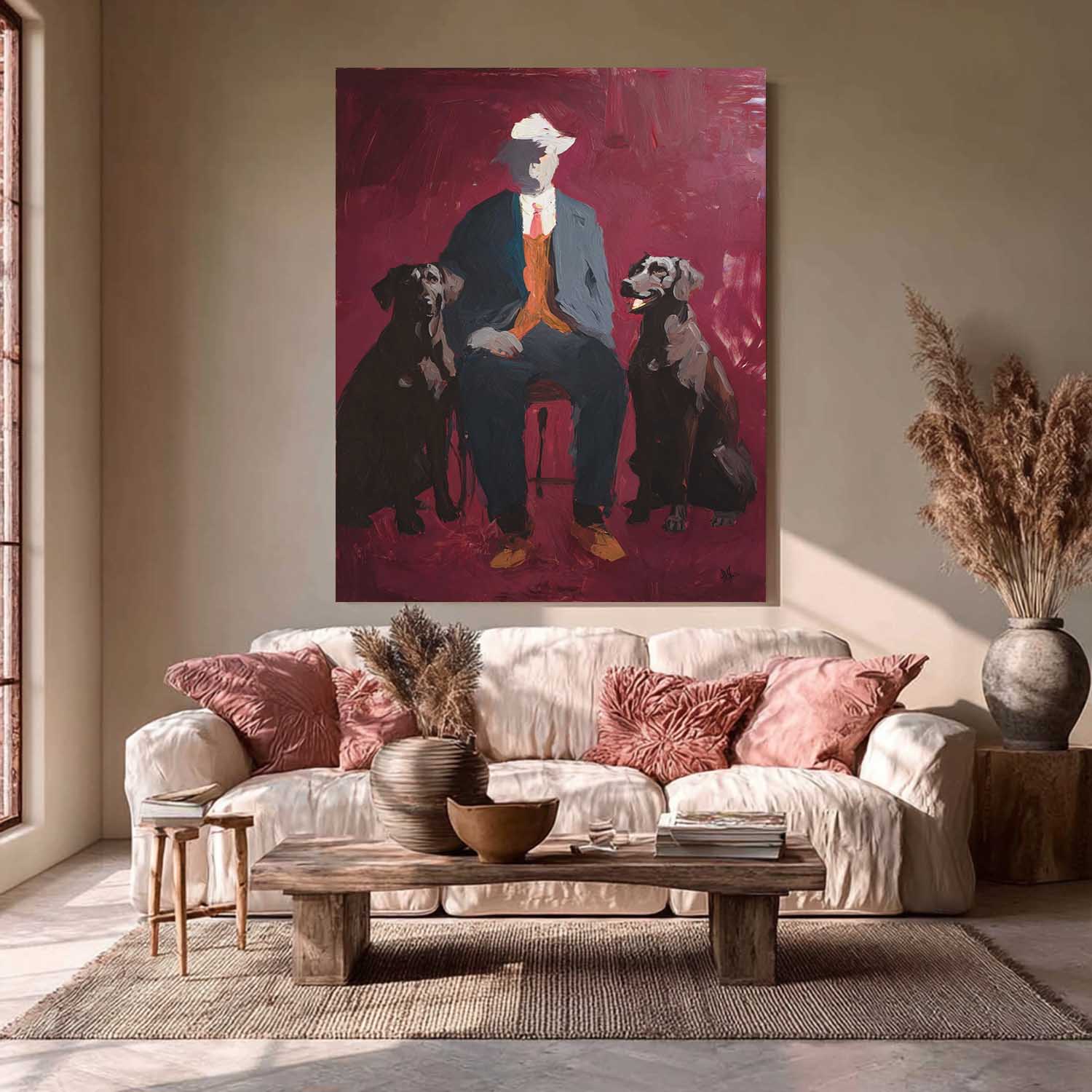 Vintage Oil Painting Man With Two Dogs On Deep Red Background Classic Portrait Art Handmade Wall Decor