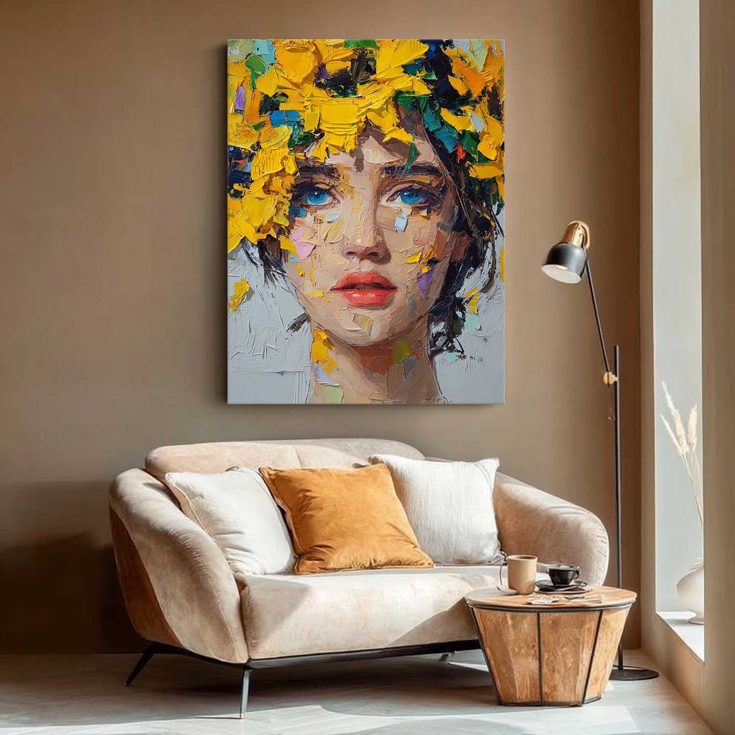 Original Handpainted Oil Portrait With Vibrant Yellow Floral Crown Bold Brushstroke Texture Canvas Art
