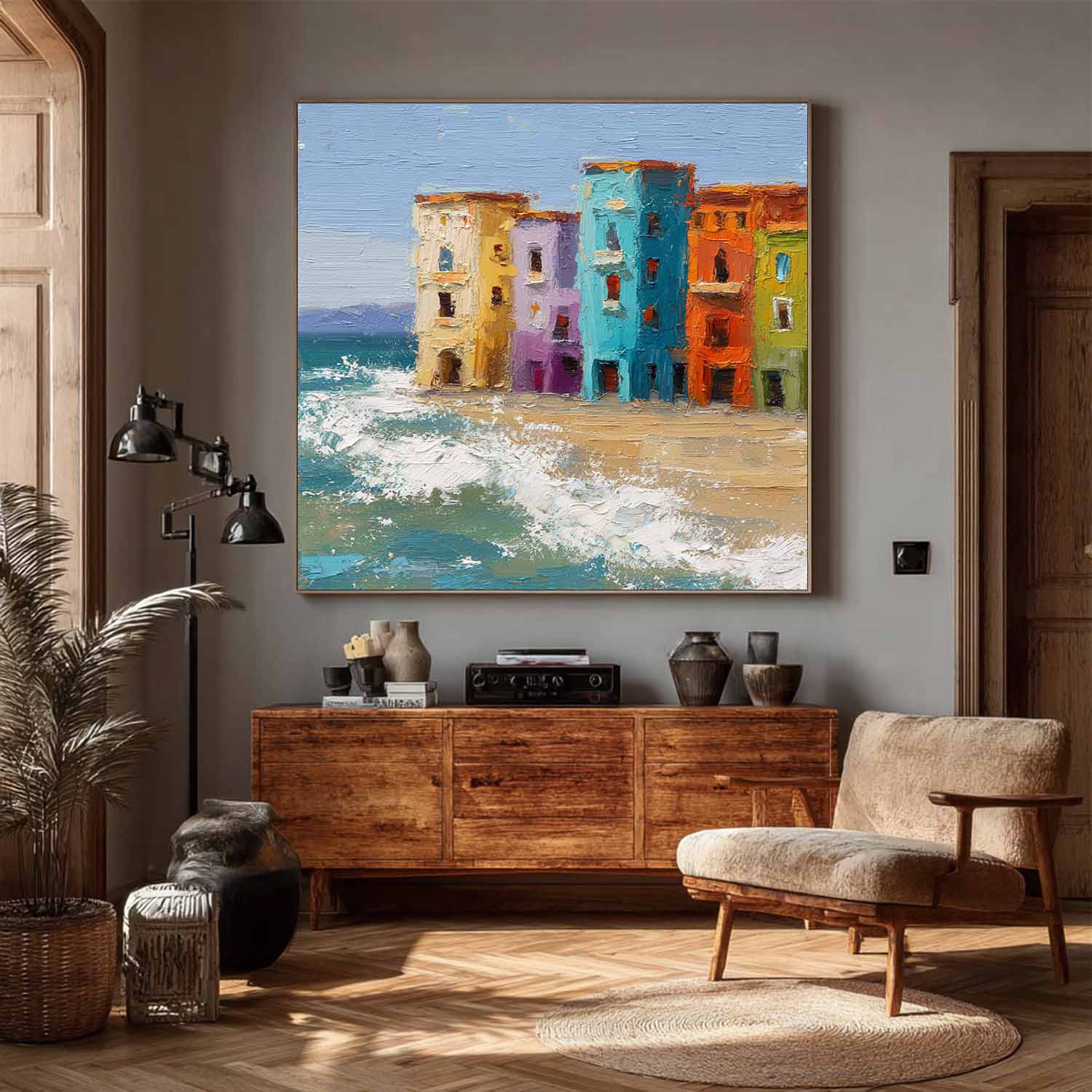 Vibrant Colorful Seaside Buildings Painting Coastal Wall Art Decor Mediterranean Style Beach House Aesthetic