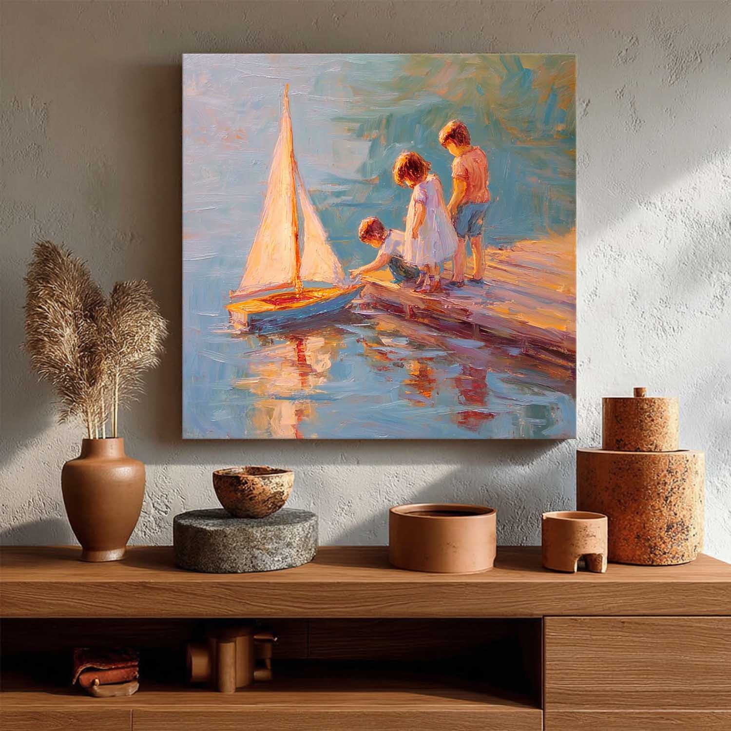 Vintage Childhood Sailboat Art Children By Lake Dock Oil Painting  Warm Toned Wall Decor For Living Room