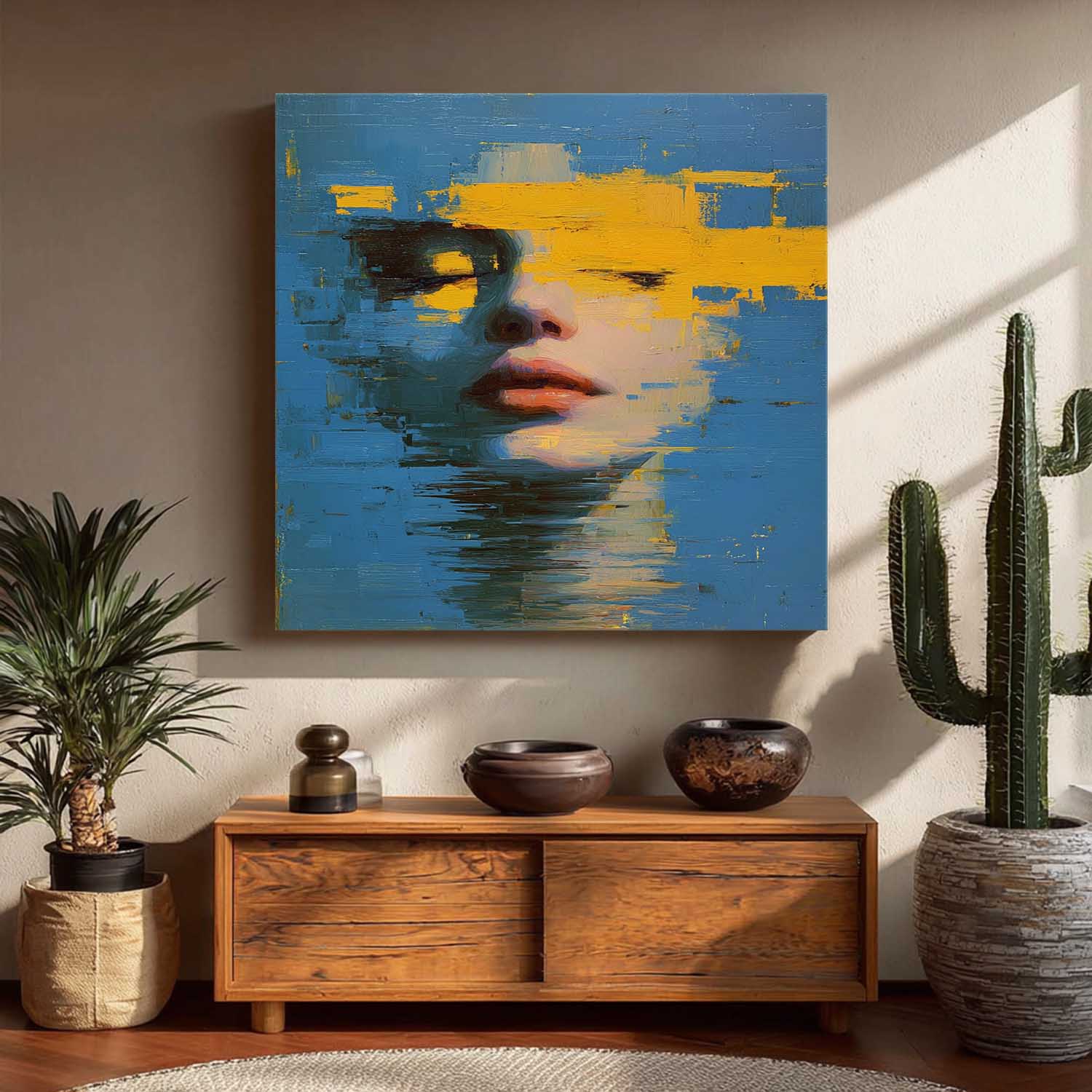 Abstract Face & Ocean Fusion Oil Painting  Modern Blue-Yellow Contrast Wall Art Unique Home Decor Artwork