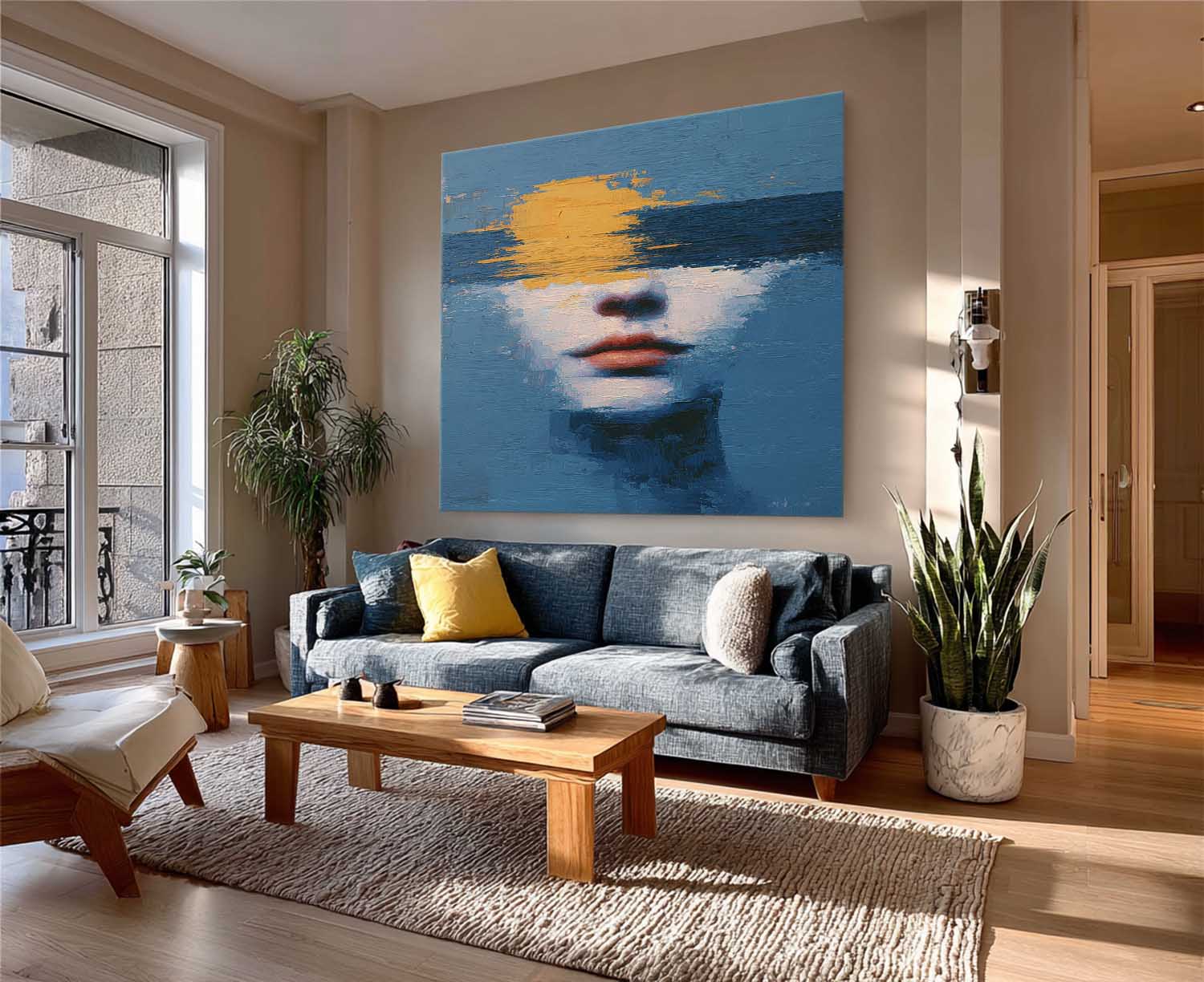 Abstract Soulful Face In Ocean Waves Oil Canvas Calming Blue-Yellow Wall Art For Boho Minimalist Home Decor