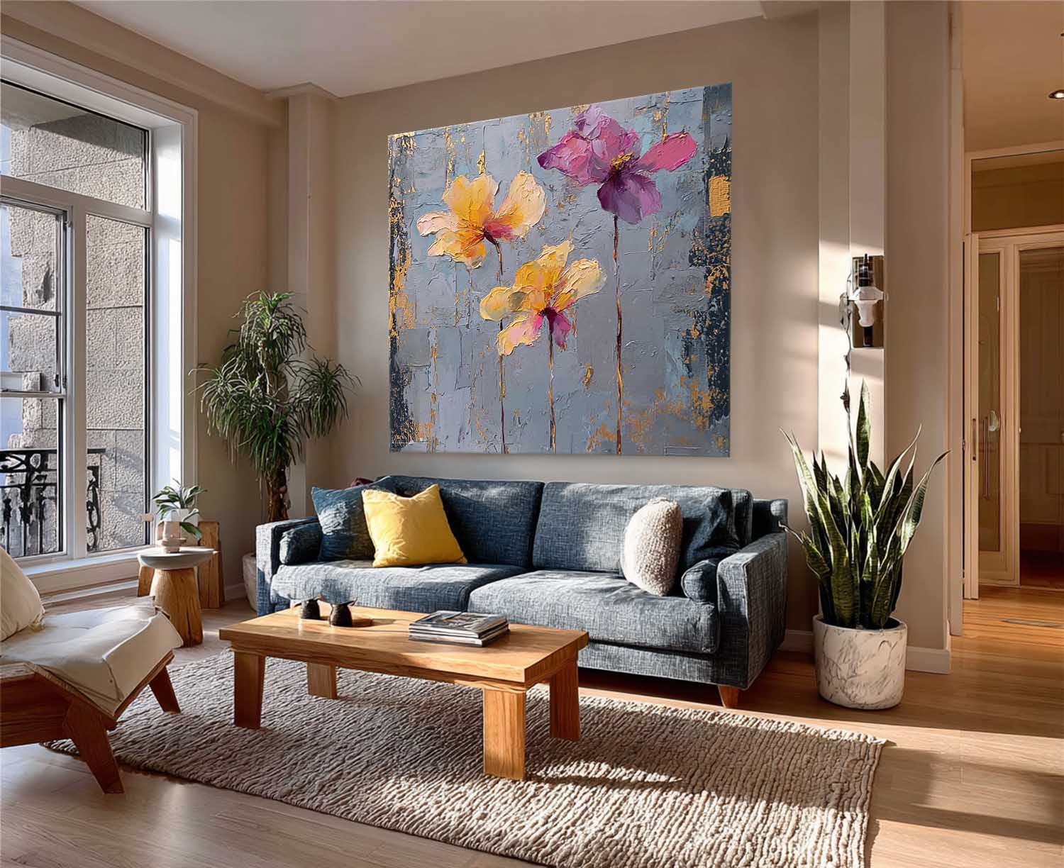 Square Abstract Floral Oil Painting Purple & Yellow Textured Wall Art Luminous Blooms Textured Floral Artwork