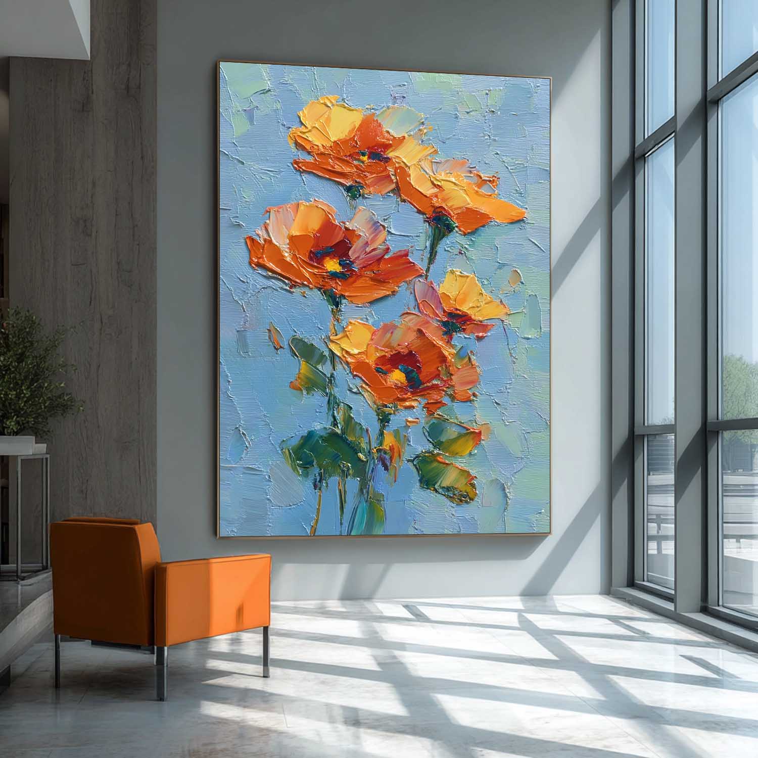 Vibrant Orange-Yellow Blooms On Teal Background Impasto Oil Floral Bouquet Wall Art Textured Modern Home Decor