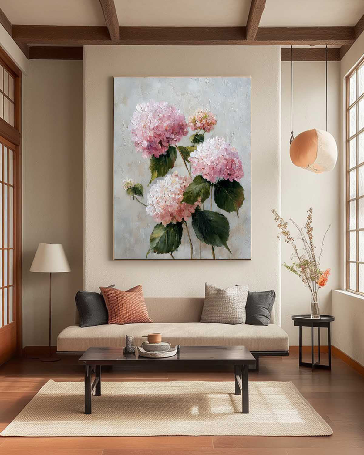 Large Hydrangea Flower Abstract Painting Canvas Original Artwork Texture Pink Plant Wall Art For Living Room