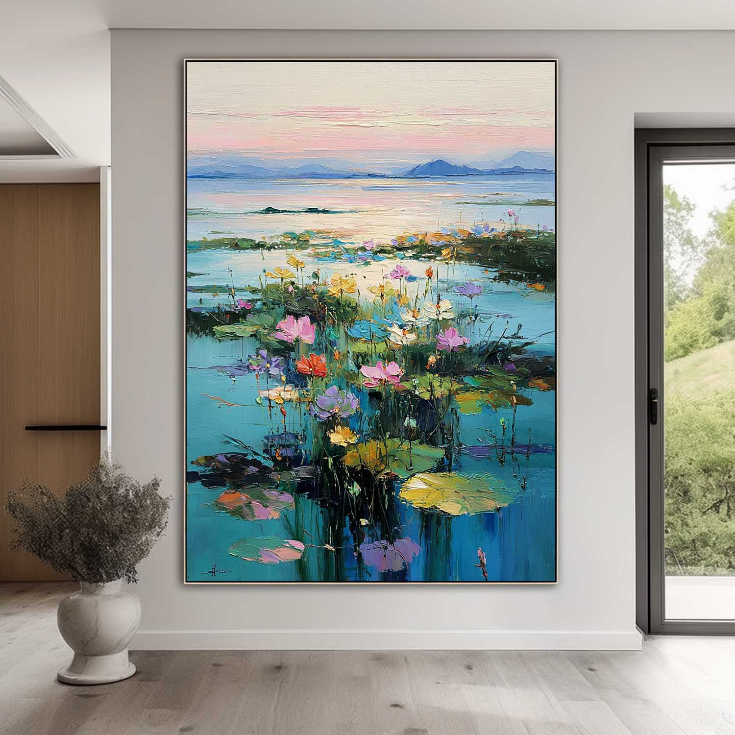Colorful Lake & Floral Oil Painting Modern Landscape Wall Art Home Decor Large Sunset Nature Artwork