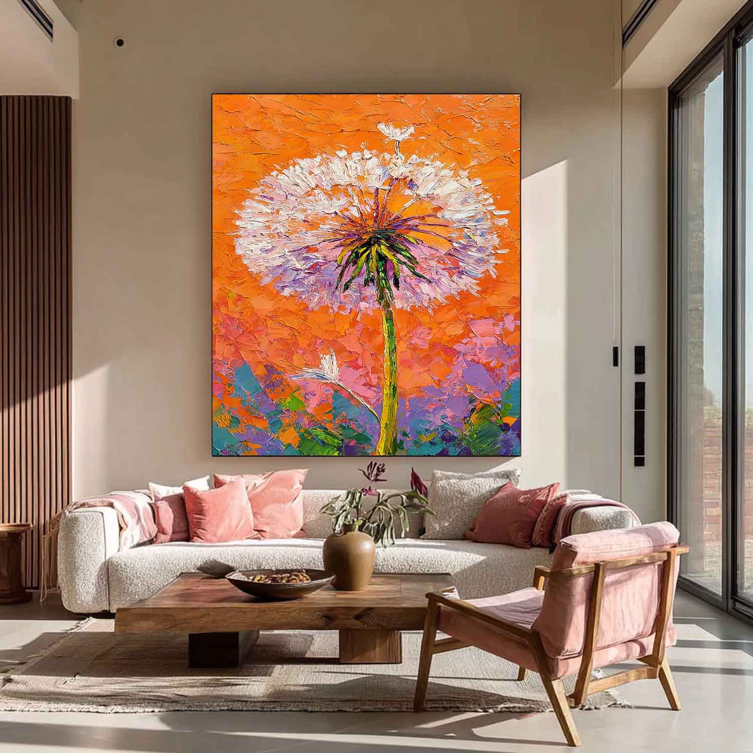 Vibrant Orange Dandelion Oil Painting 3D Textured Palette Knife Wall Art Modern Abstract Floral Canvas