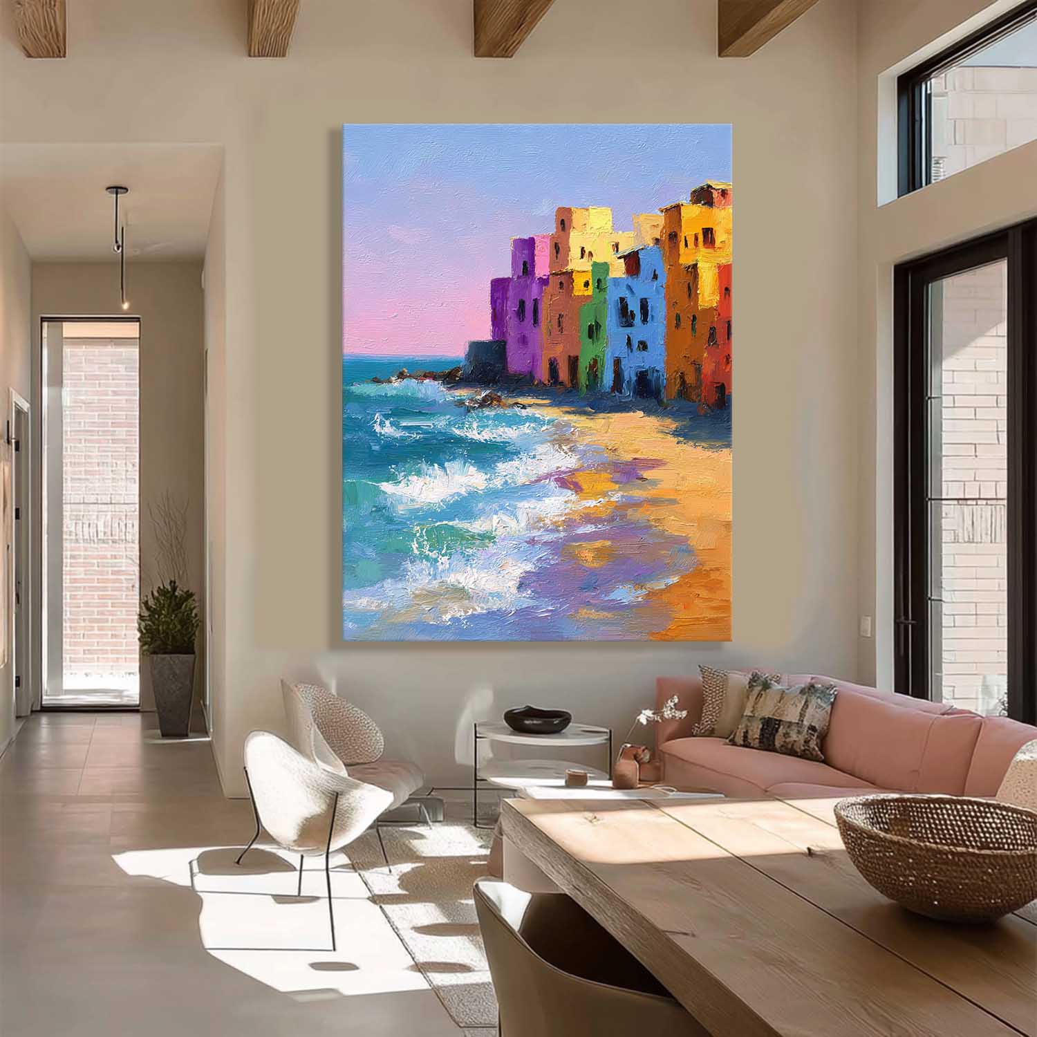 Coastal Wall Art Original Abstract Colorful Seaside Houses Painting Modern Texture Artwork Home Decor