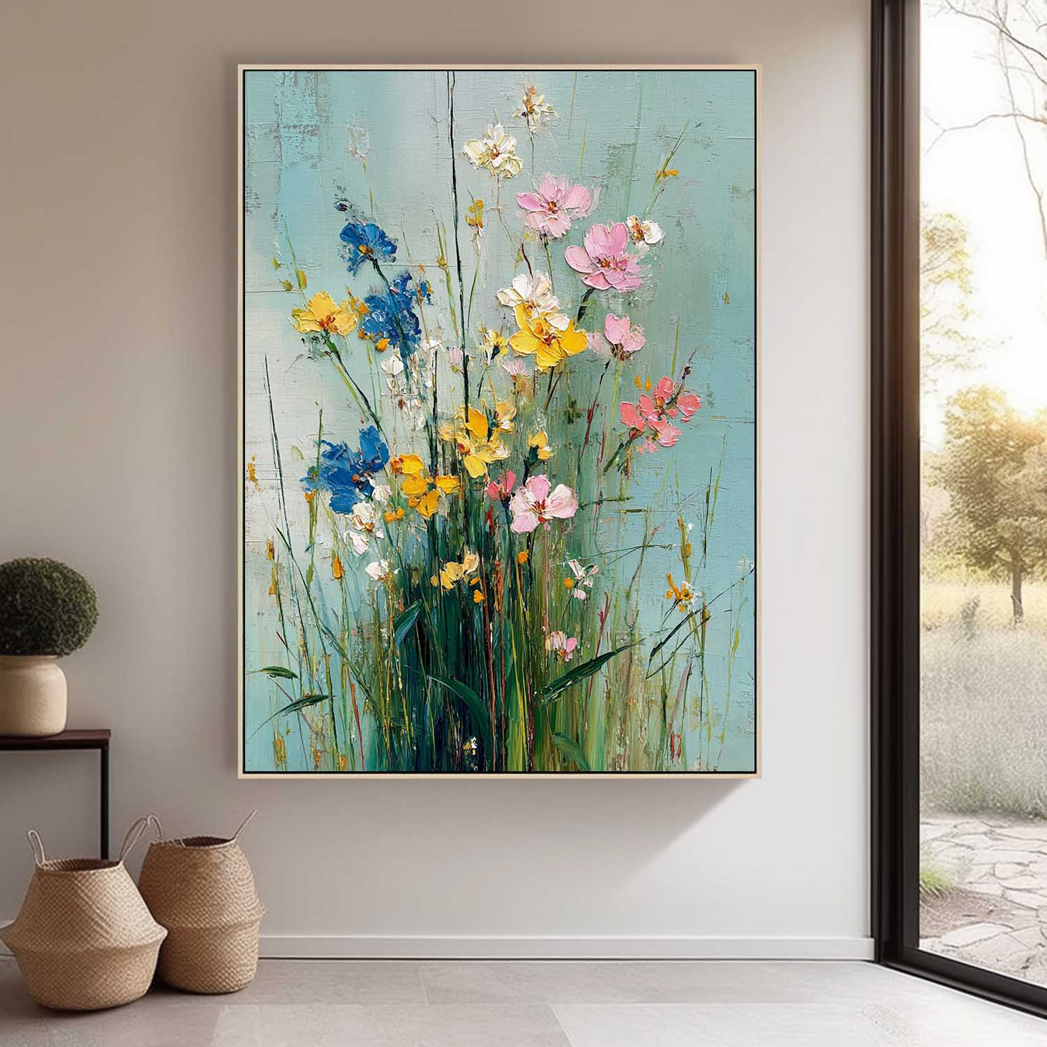 Large Pastel Bohemian Floral Painting Canvas Original Wildflower Wall Art Vintage Style Decorative Art 