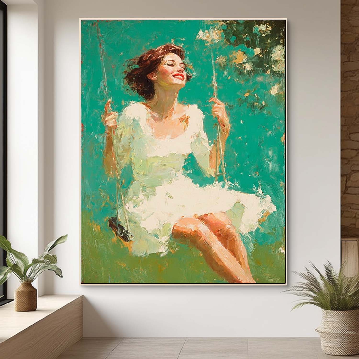 Custom Oil Painting of Woman On Swing Unique Modern Art for Wall Decor One-Of-A-Kind Handpainted Artwork