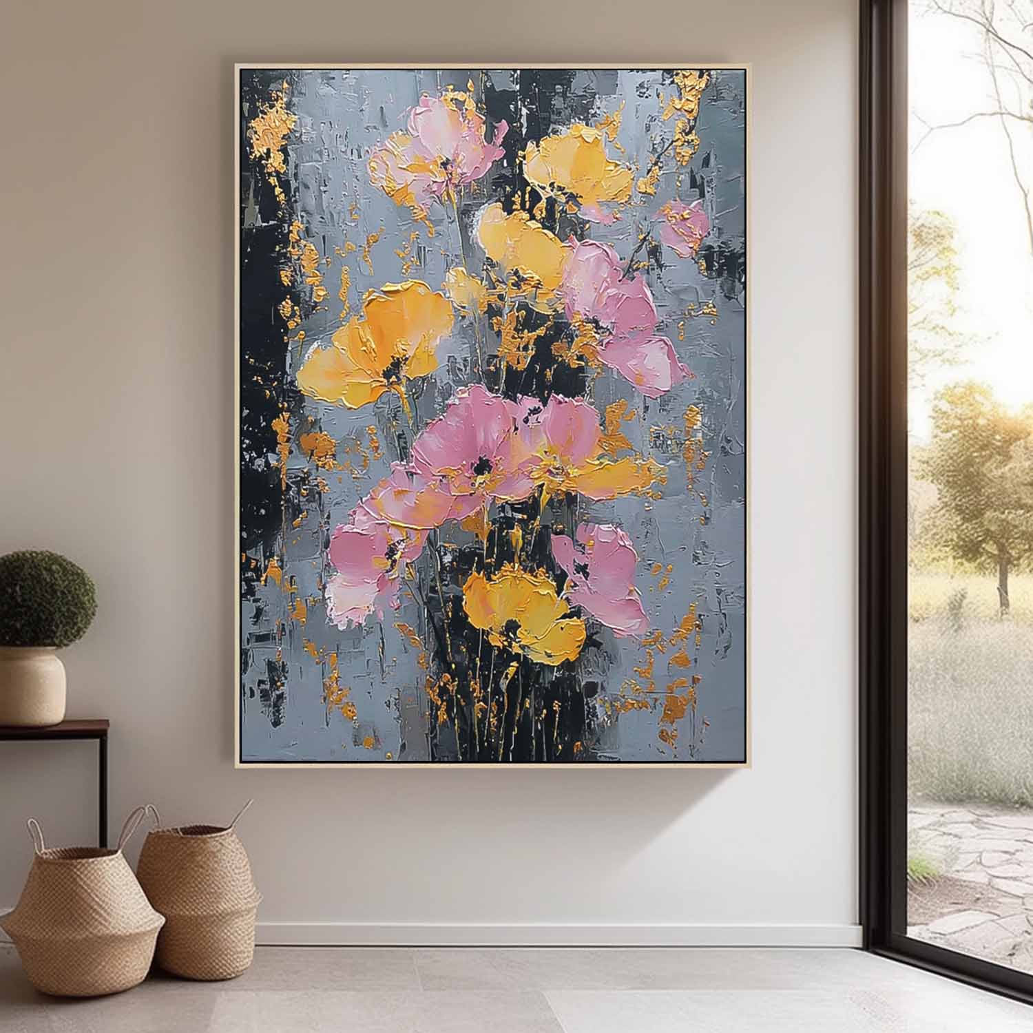 Modern Abstract Floral Oil Painting Pink & Gold Impasto Wall Art Textured Flower Palette Knife Artwork