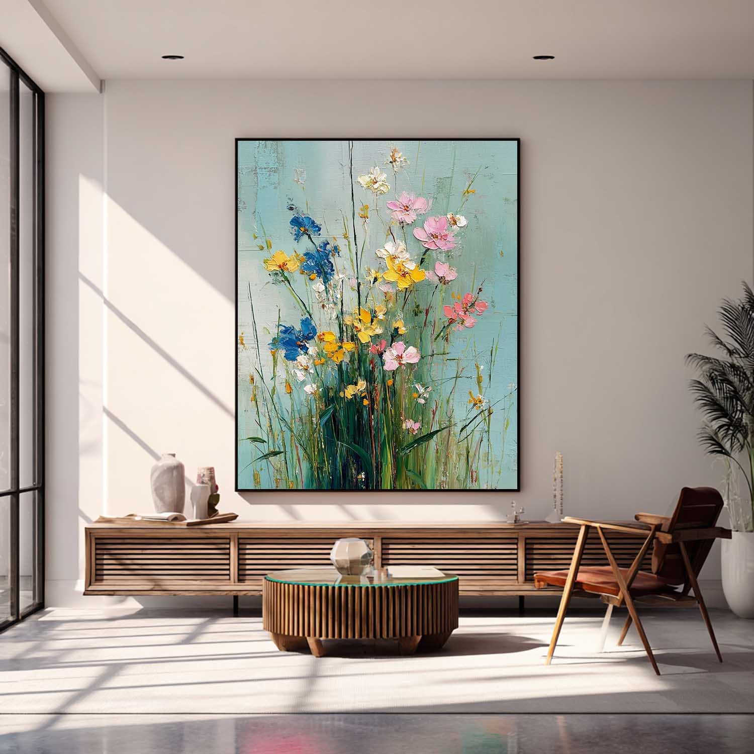 Large Pastel Bohemian Floral Painting Canvas Original Wildflower Wall Art Vintage Style Decorative Art 