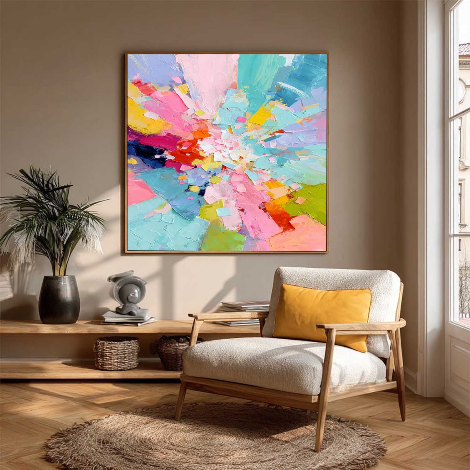 Square Vibrant Colorful Abstract Oil Painting Canvas Wall Art Modern Geometric Style Texture Home Decor
