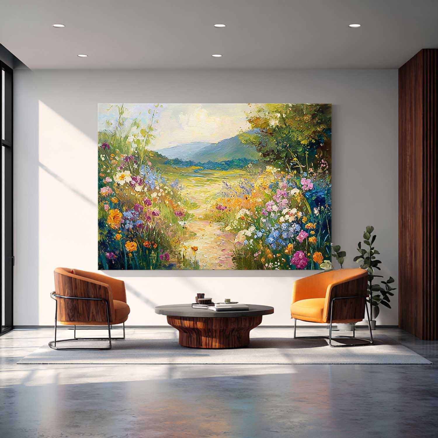 Impressionist Wildflower Meadow Landscape painting Textured Mountain Flower Field Artwork Rustic Nature Wall Art