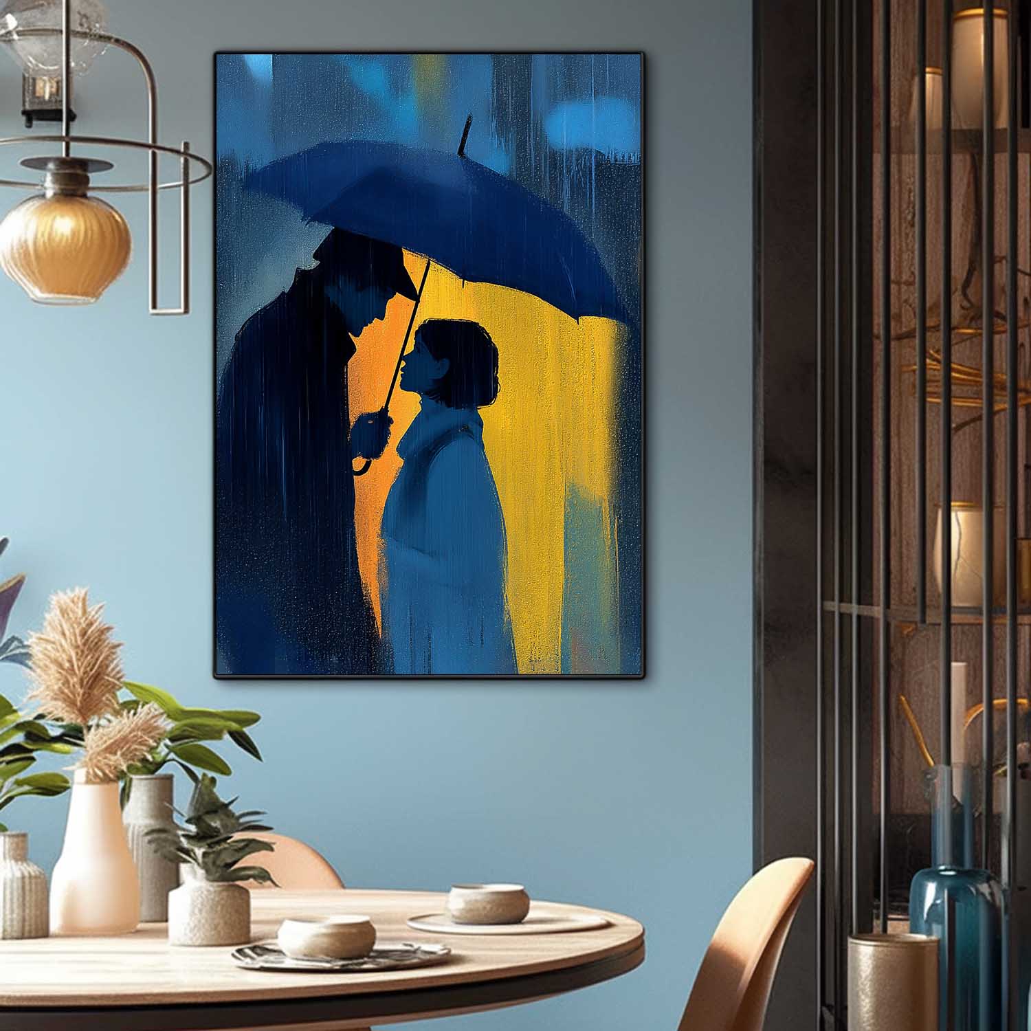 Moody Blue Night Art Original Couple In Rain Oil Painting Unique Gift For Couples Romantic Wall Art Canvas