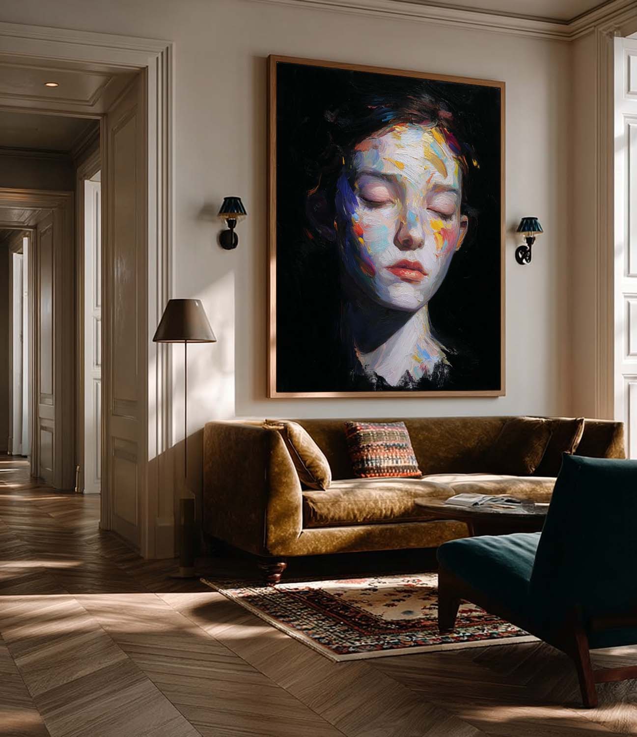 Original Expressive Abstract Portrait Painting Vibrant Colorful Splashes Bold Brushstrokes Contemporary Wall Art