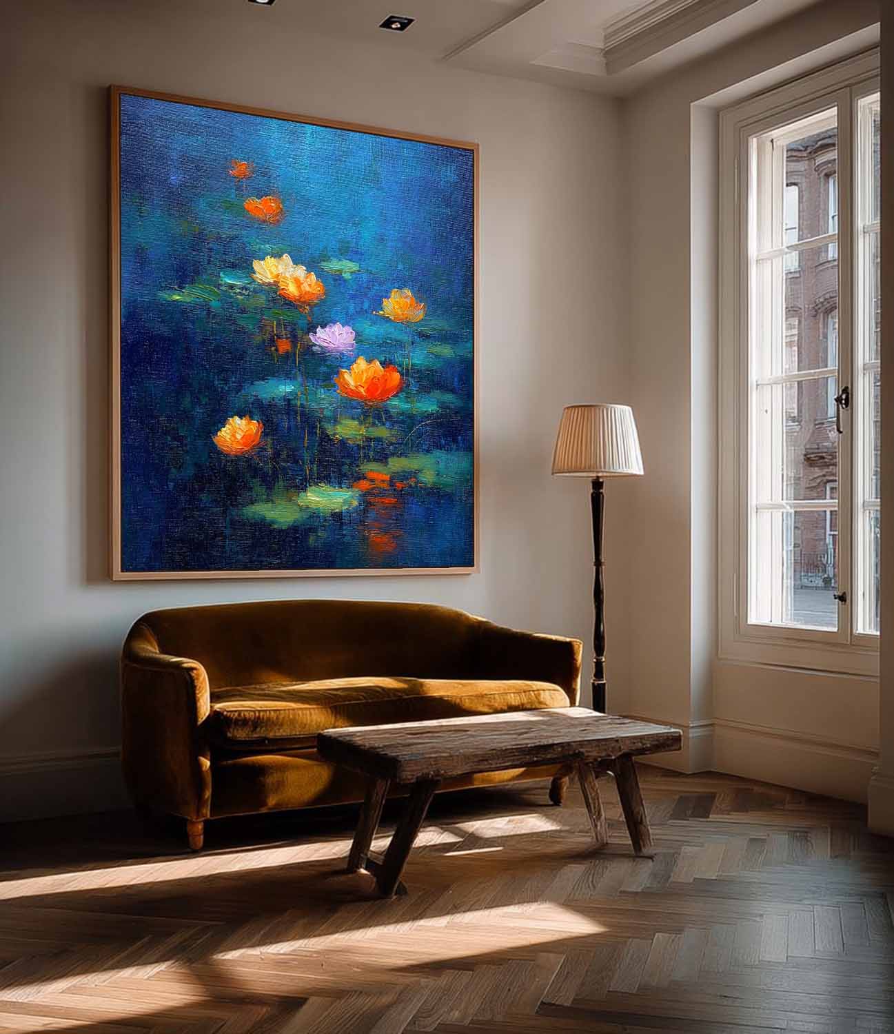 Blue Toned Abstract Lotus Flower Oil Painting on Canvas Modern Wall Art Hand-Painted Lotus Pond Artwork