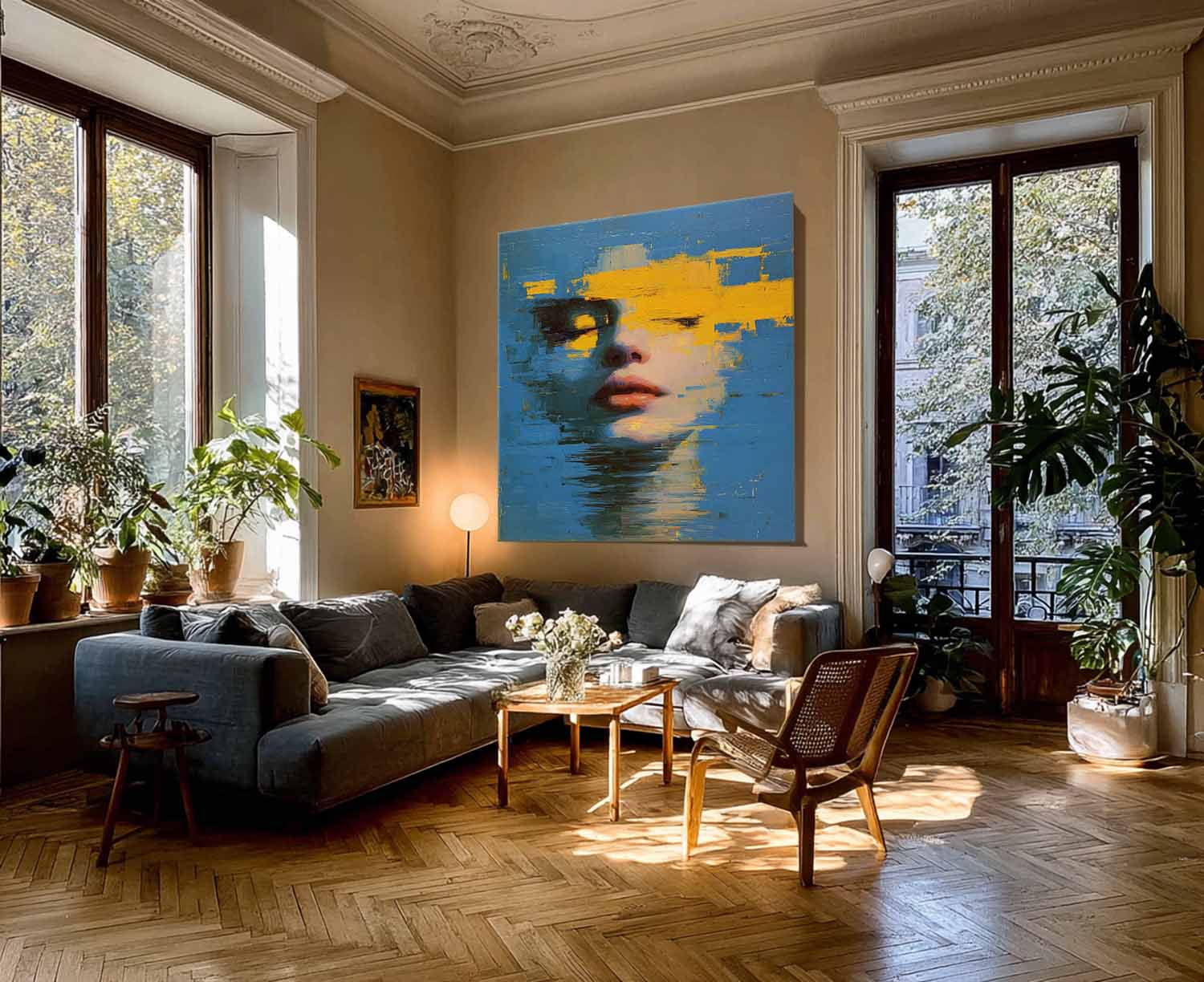 Abstract Face & Ocean Fusion Oil Painting  Modern Blue-Yellow Contrast Wall Art Unique Home Decor Artwork