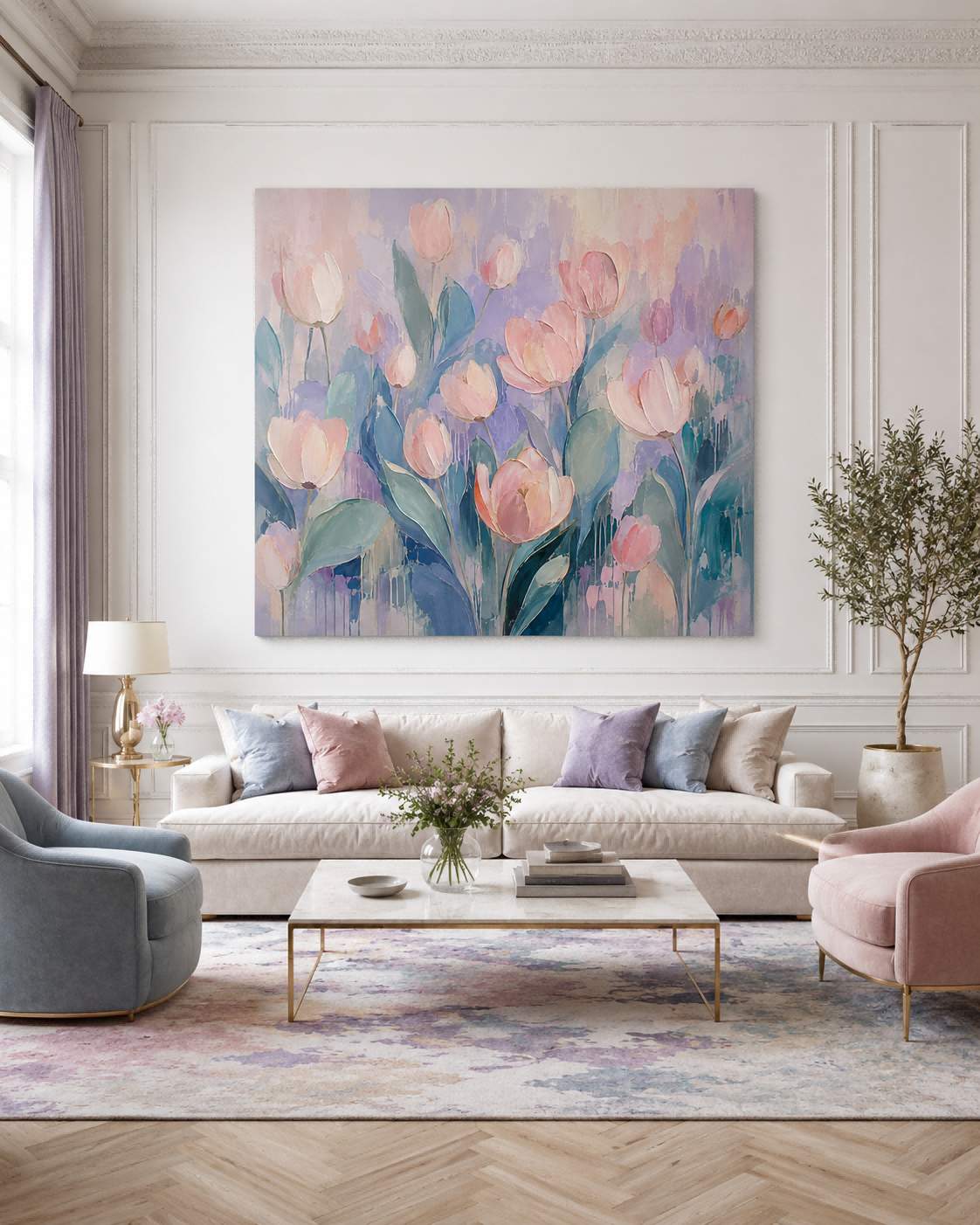 Luxury Floral Wall Art For Living Room Soft Pink And Lavender Decor