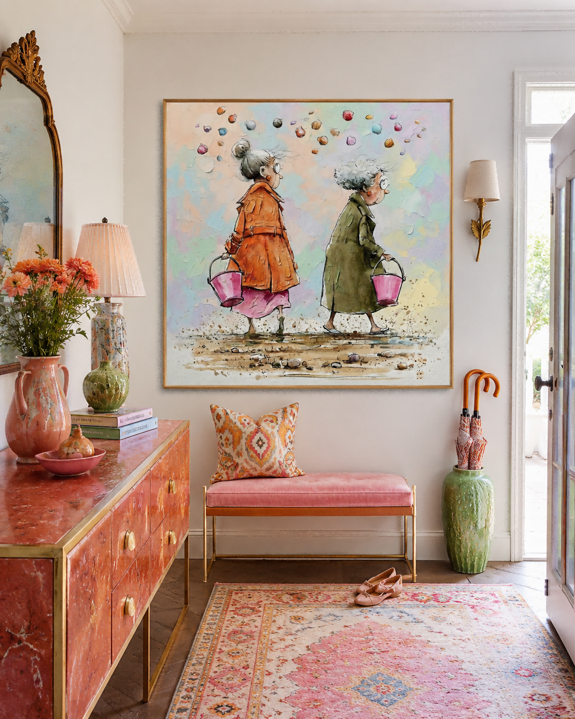 Square Wall Art For Living Room Featuring Whimsical Beach Scene With Two Ladies