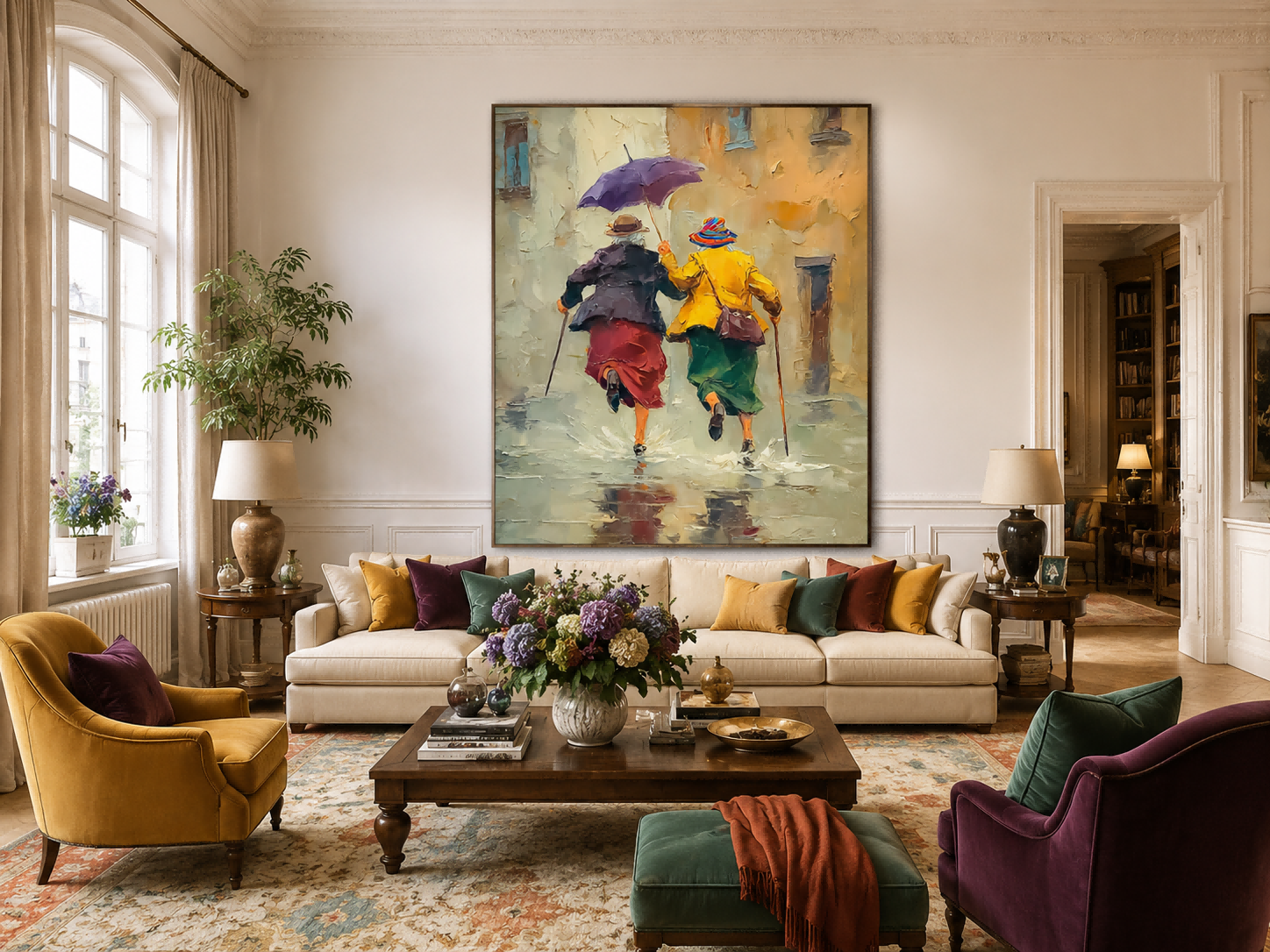 Impressionist Oil Painting Of Two Women Running In Rain With Umbrella For Living Room Wall Art Decor