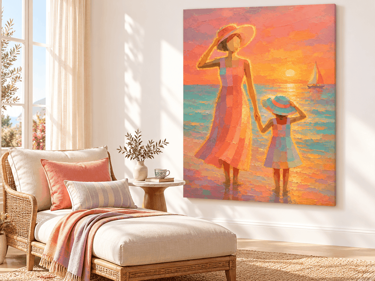 Mother And Daughter Sunset Beach Hand-Painted Canvas Art With Sailboat