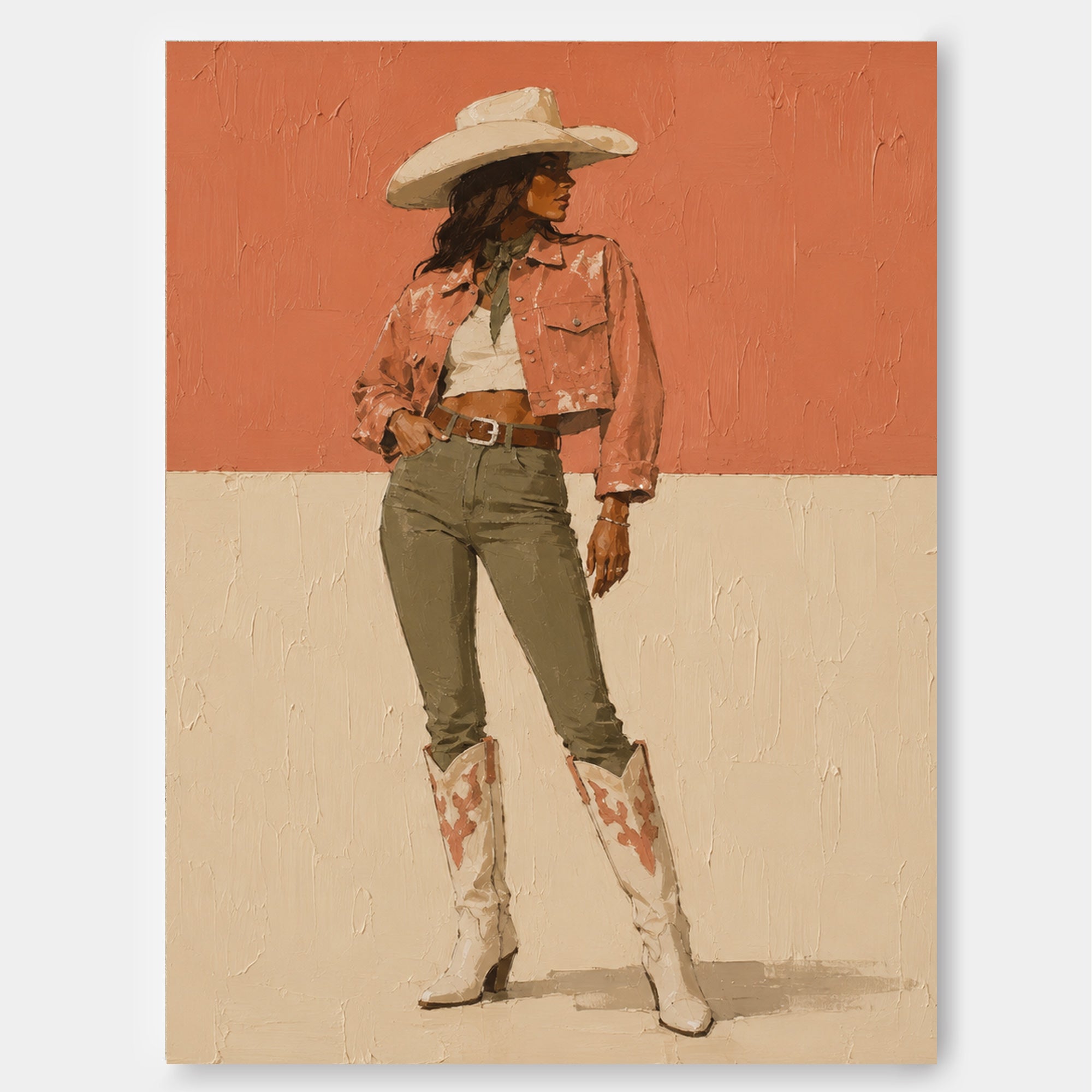 Original Illustrative Female Figure Painting In Retro Style On Linen Canvas