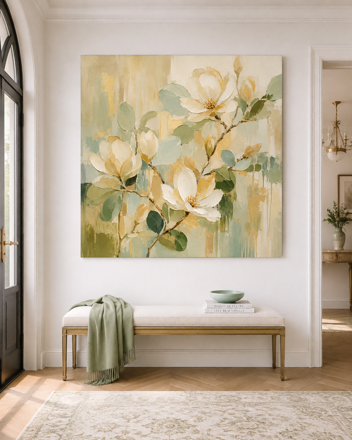 Hand-Painted Magnolia Floral Abstract Canvas Art With Gold Accents For Modern Home