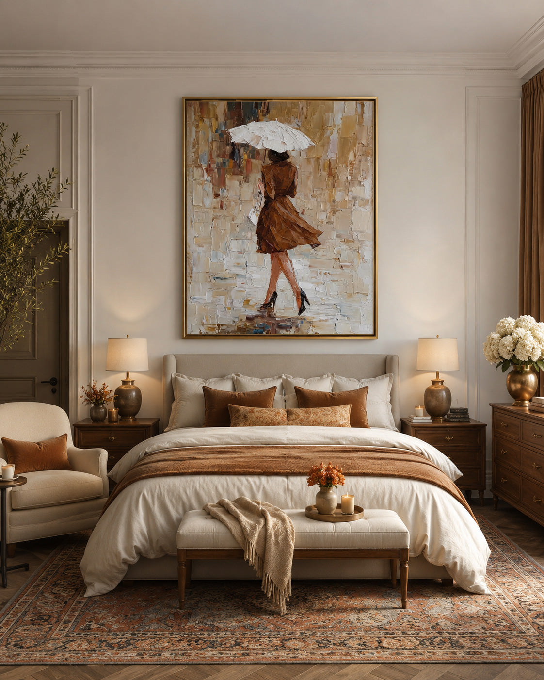 Modern Figurative Art Elegant Lady With Umbrella Oil Painting For Bedroom Wall Decor