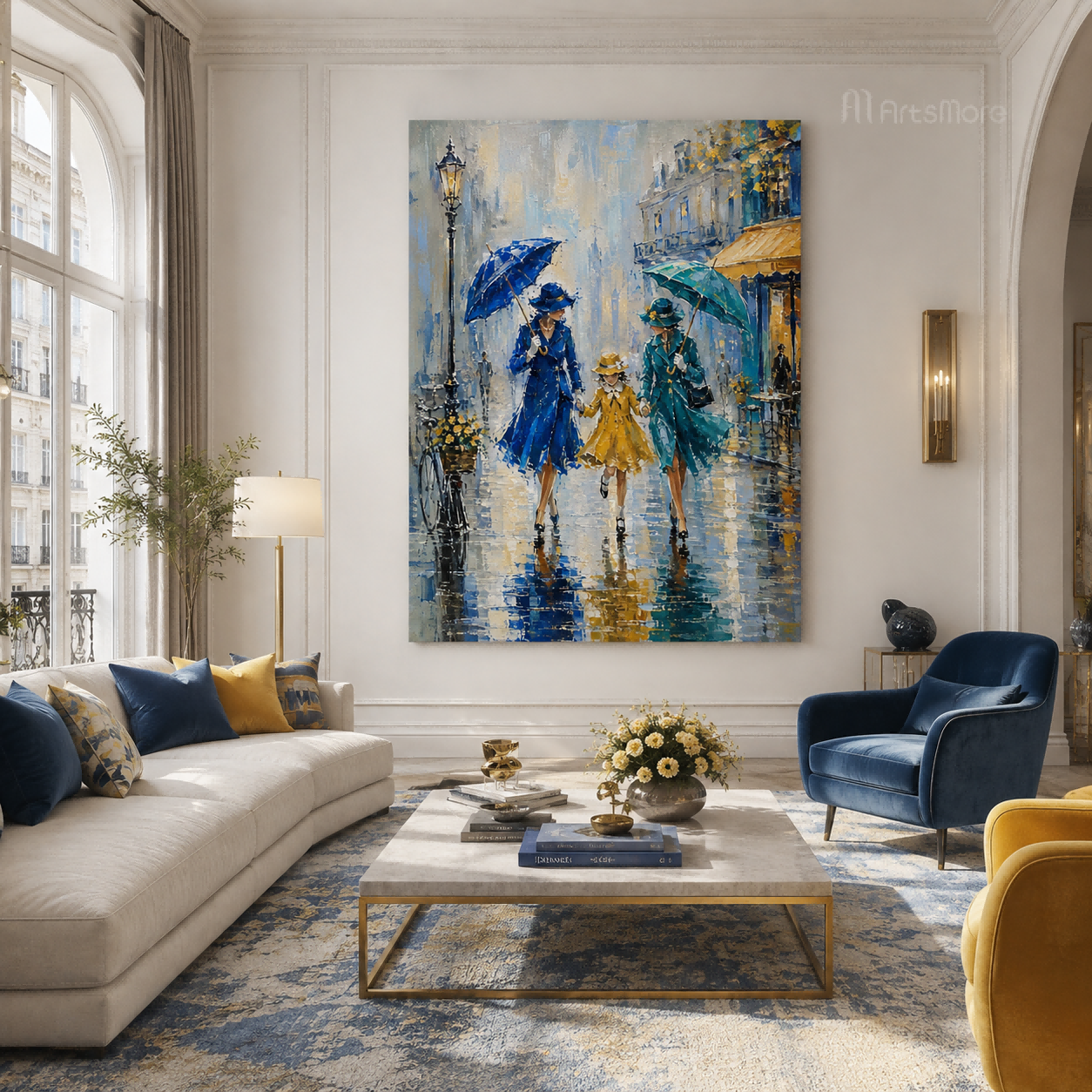 Impressionist City Life Painting With Umbrellas And Reflections In Blue And Yellow Tones